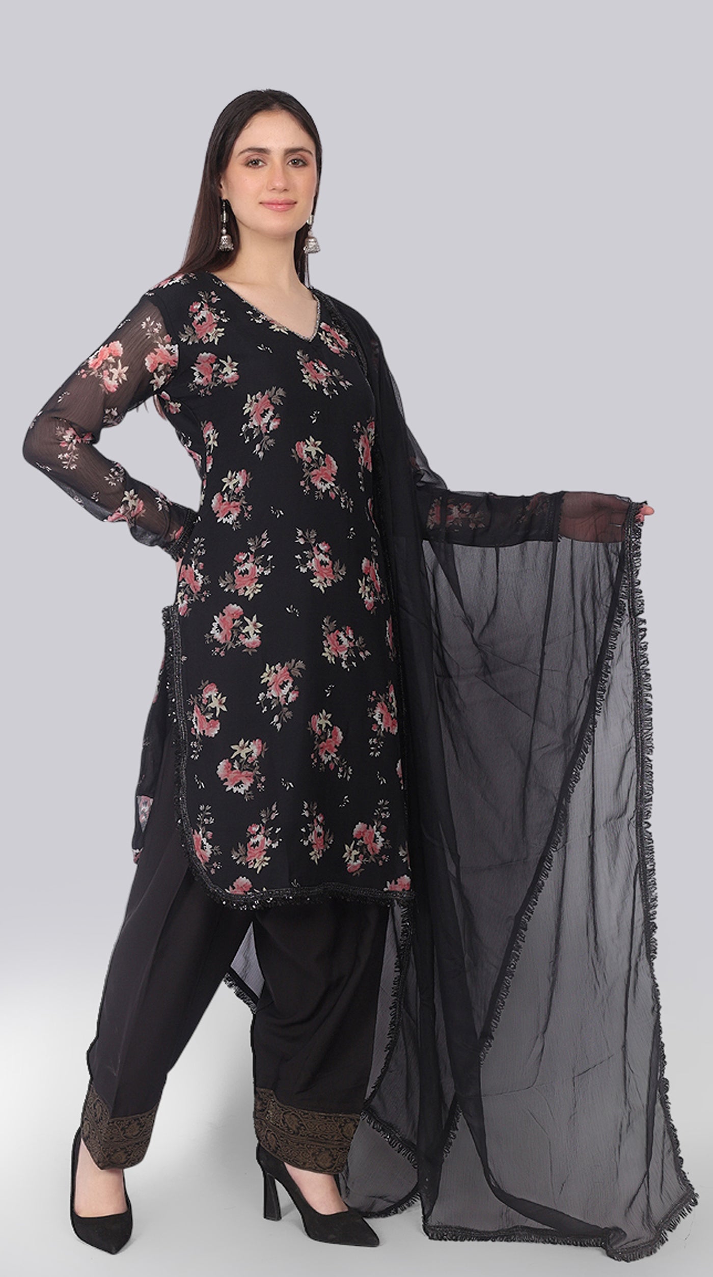 Black Georgette Pearl Embellished Shift Suit Set