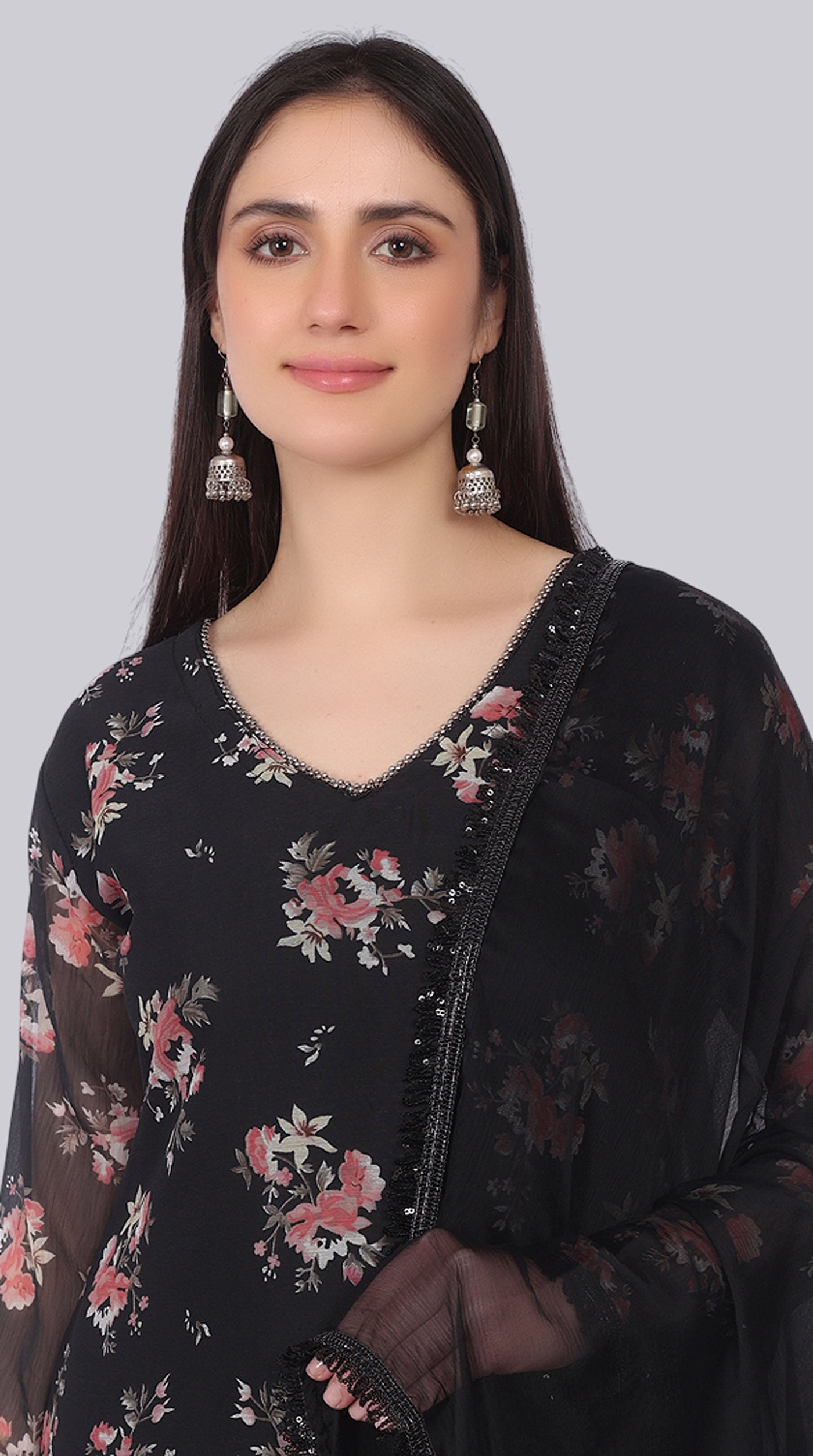 Black Georgette Pearl Embellished Shift Suit Set