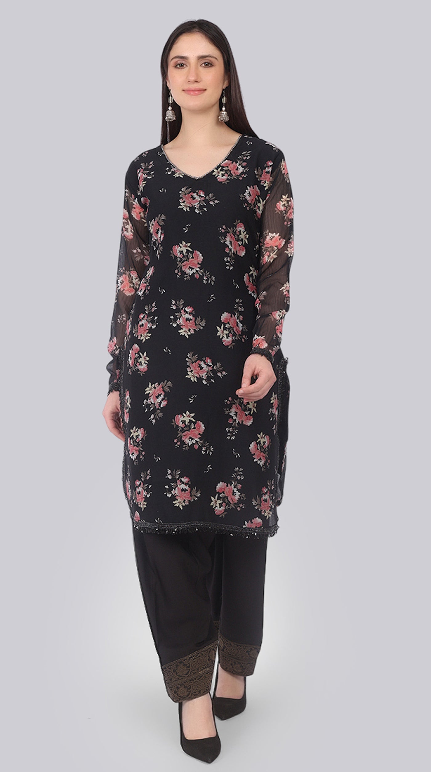 Black Georgette Pearl Embellished Shift Suit Set