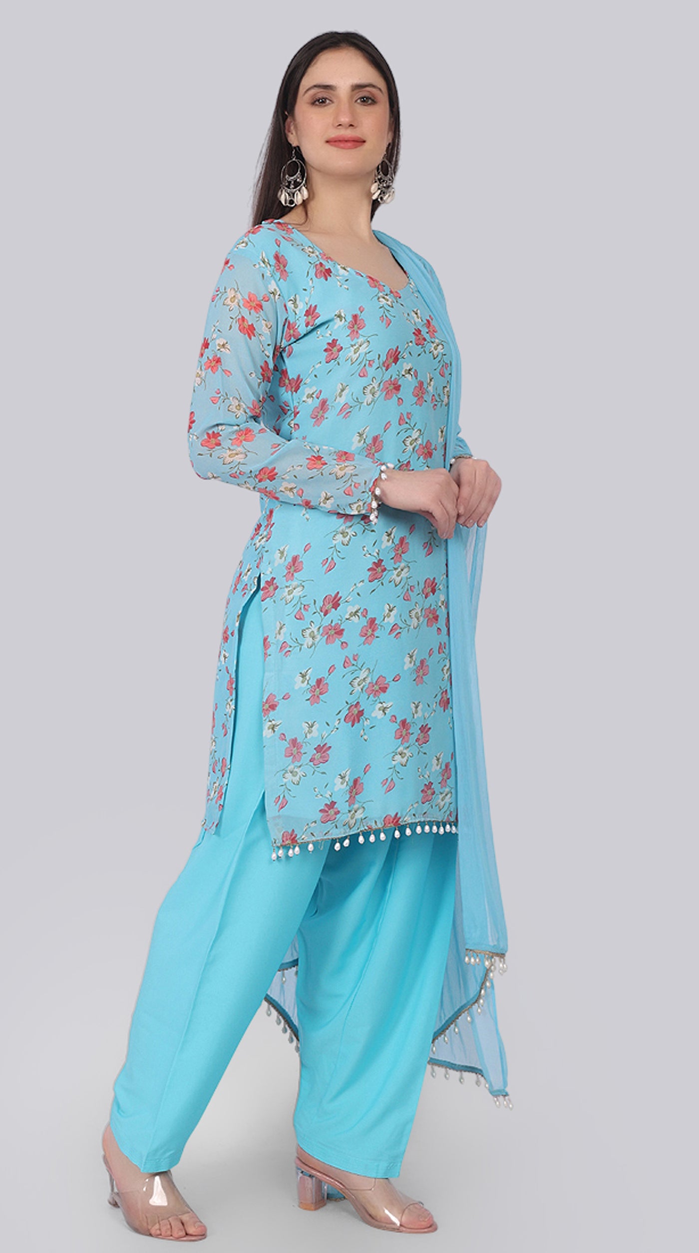 Blue Georgette Pearl Droplet Shift Suit Set