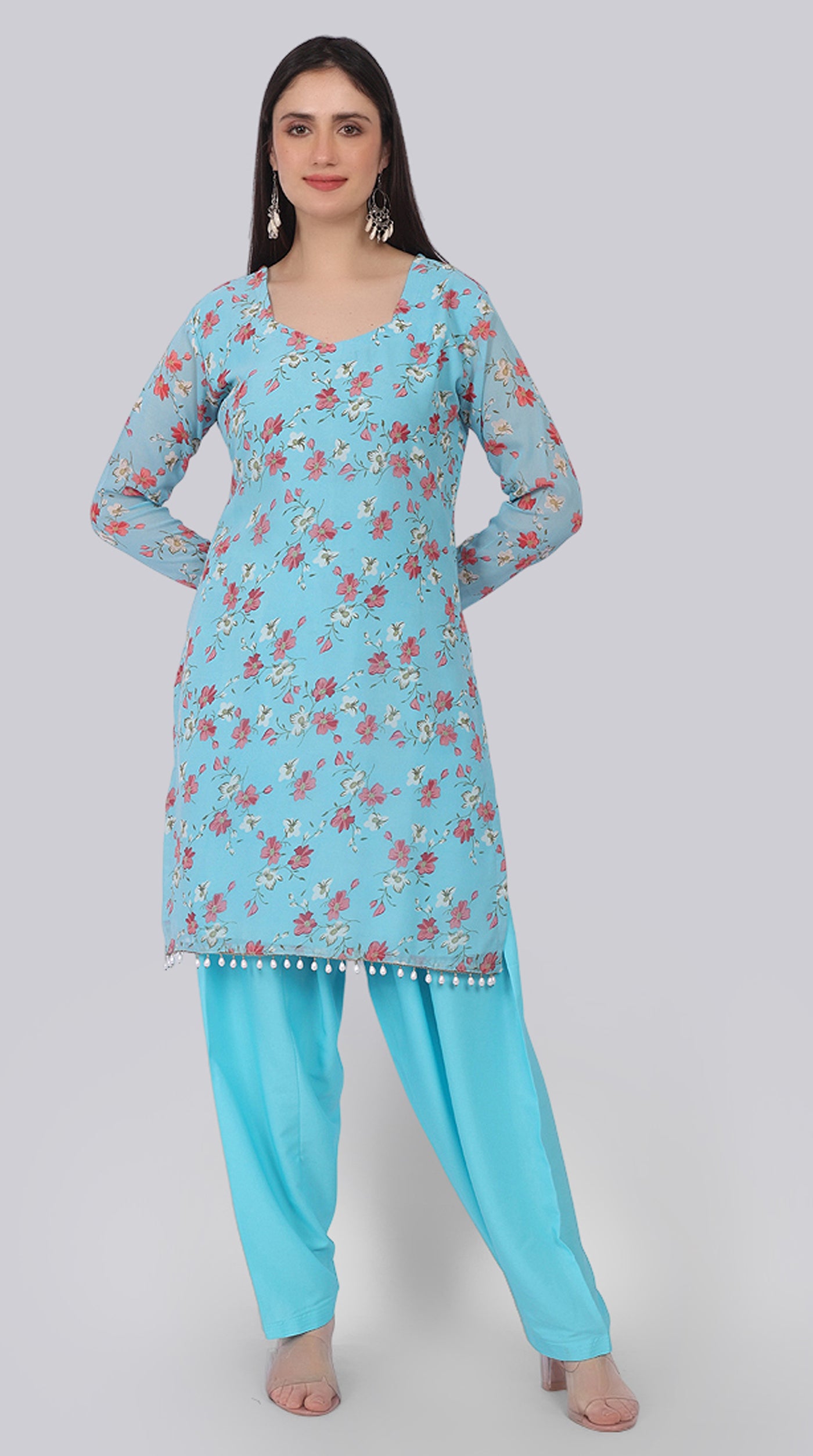 Blue Georgette Pearl Droplet Shift Suit Set