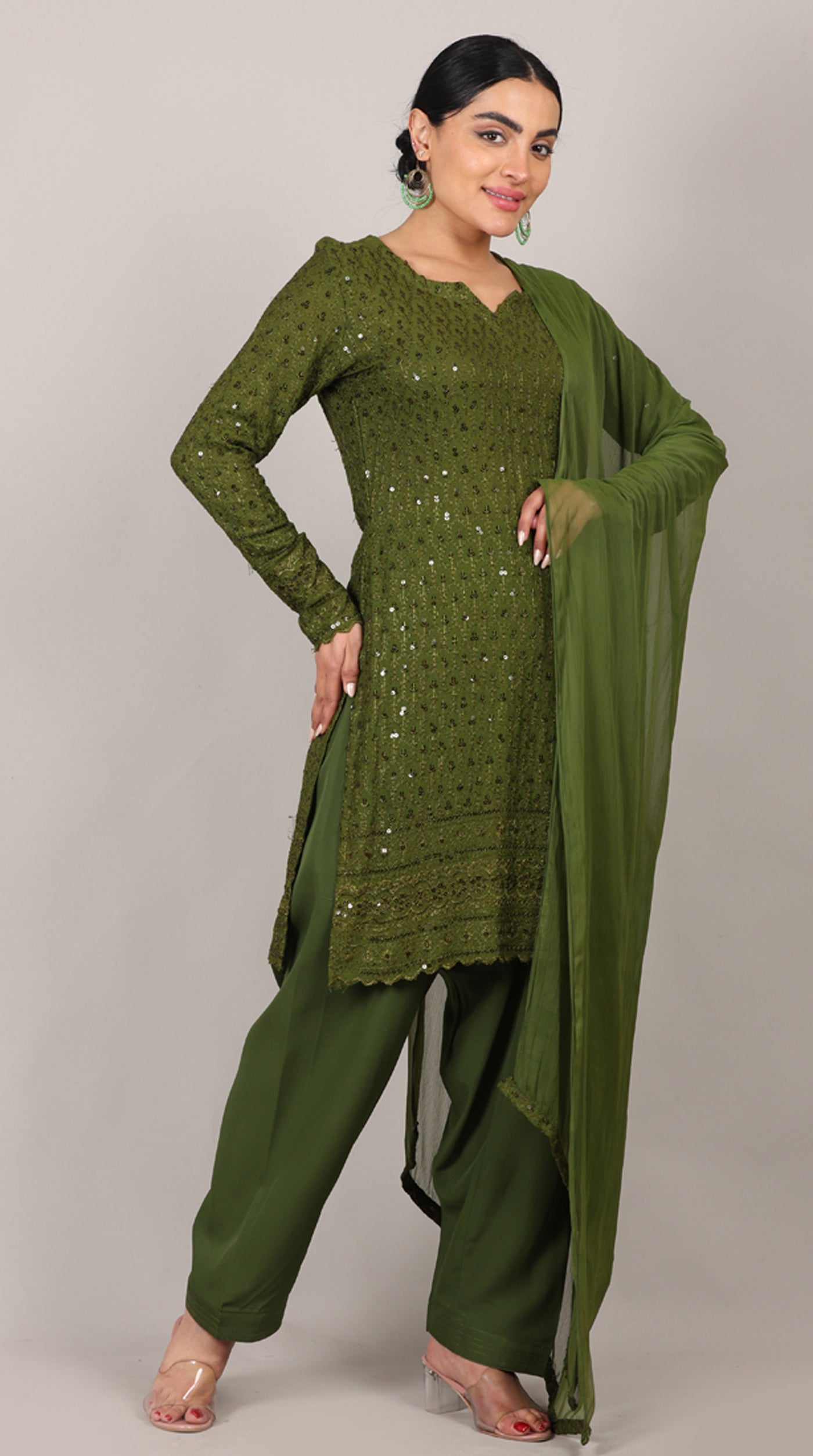 Green Chikankari Rayon Suit Set