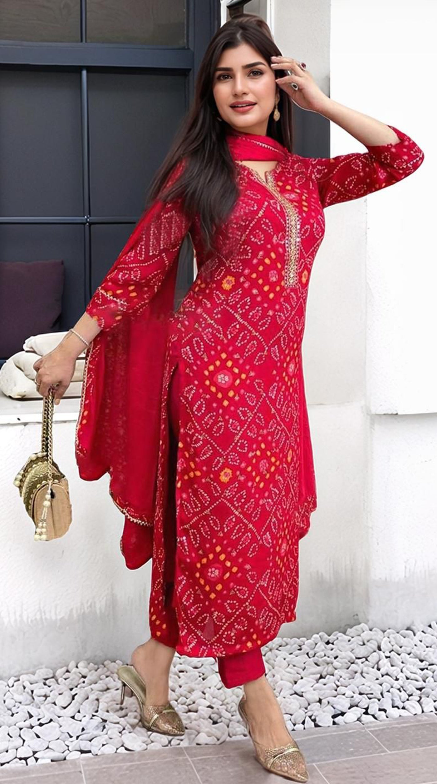 Red Rayon Printed Suit Set