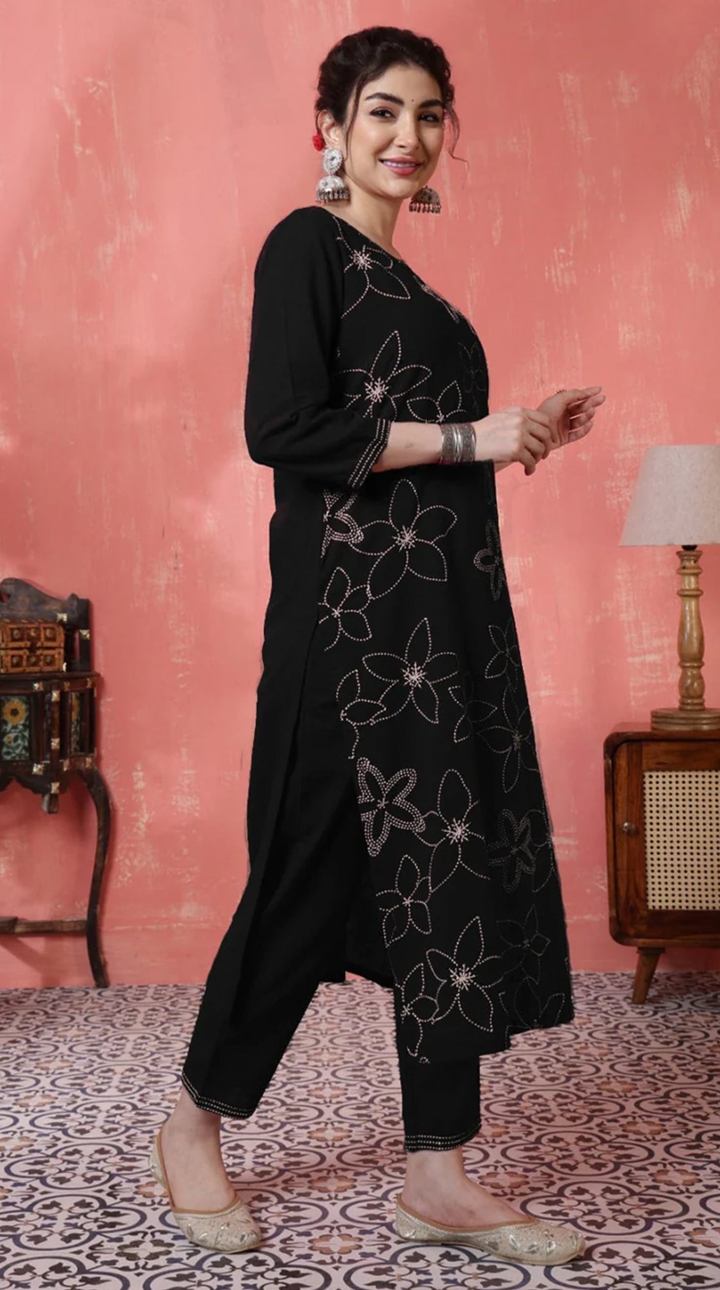 Straight Cut Black Cotton Suit Set