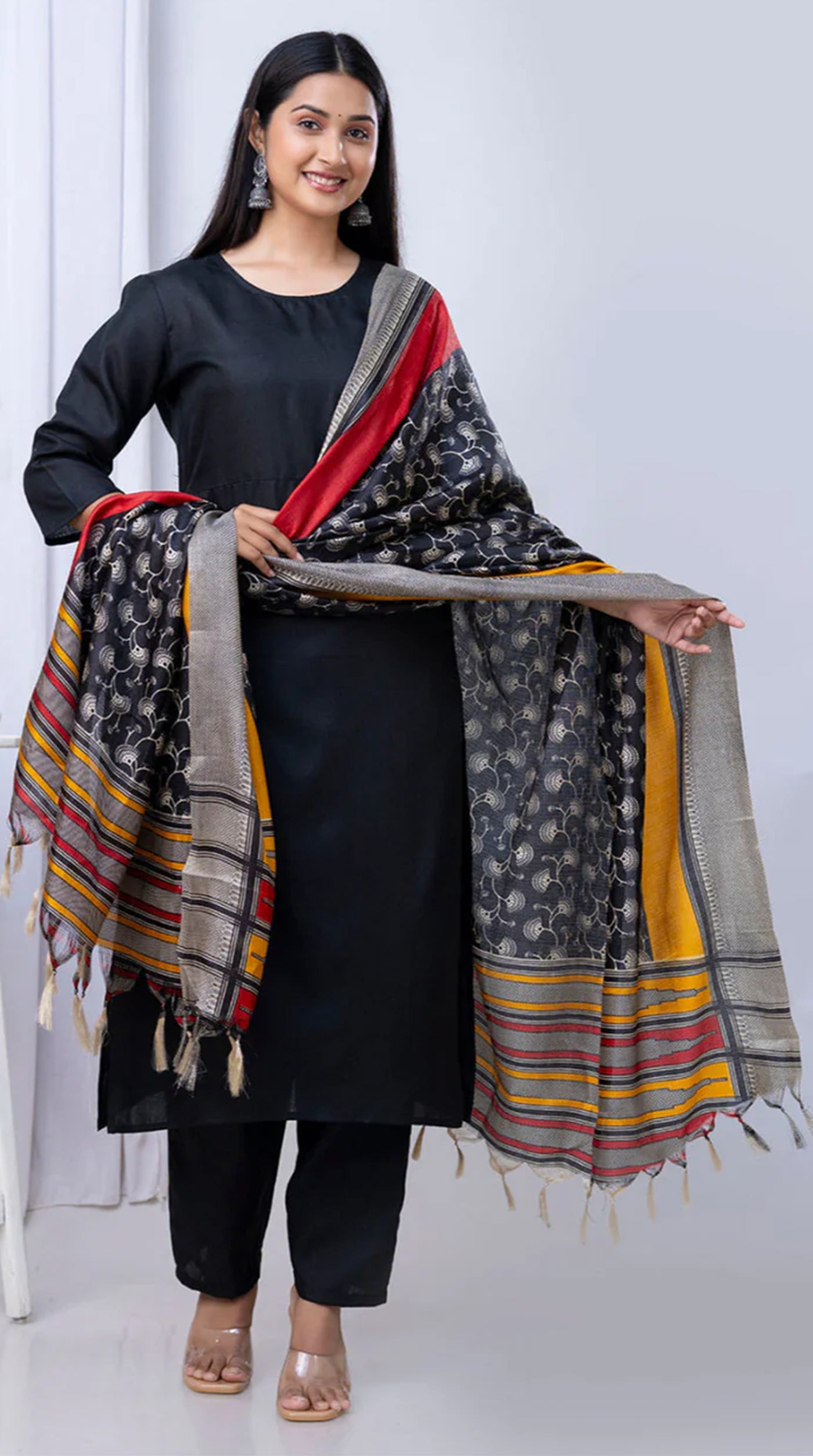 Black Cotton Printed Dupatta Suit Set