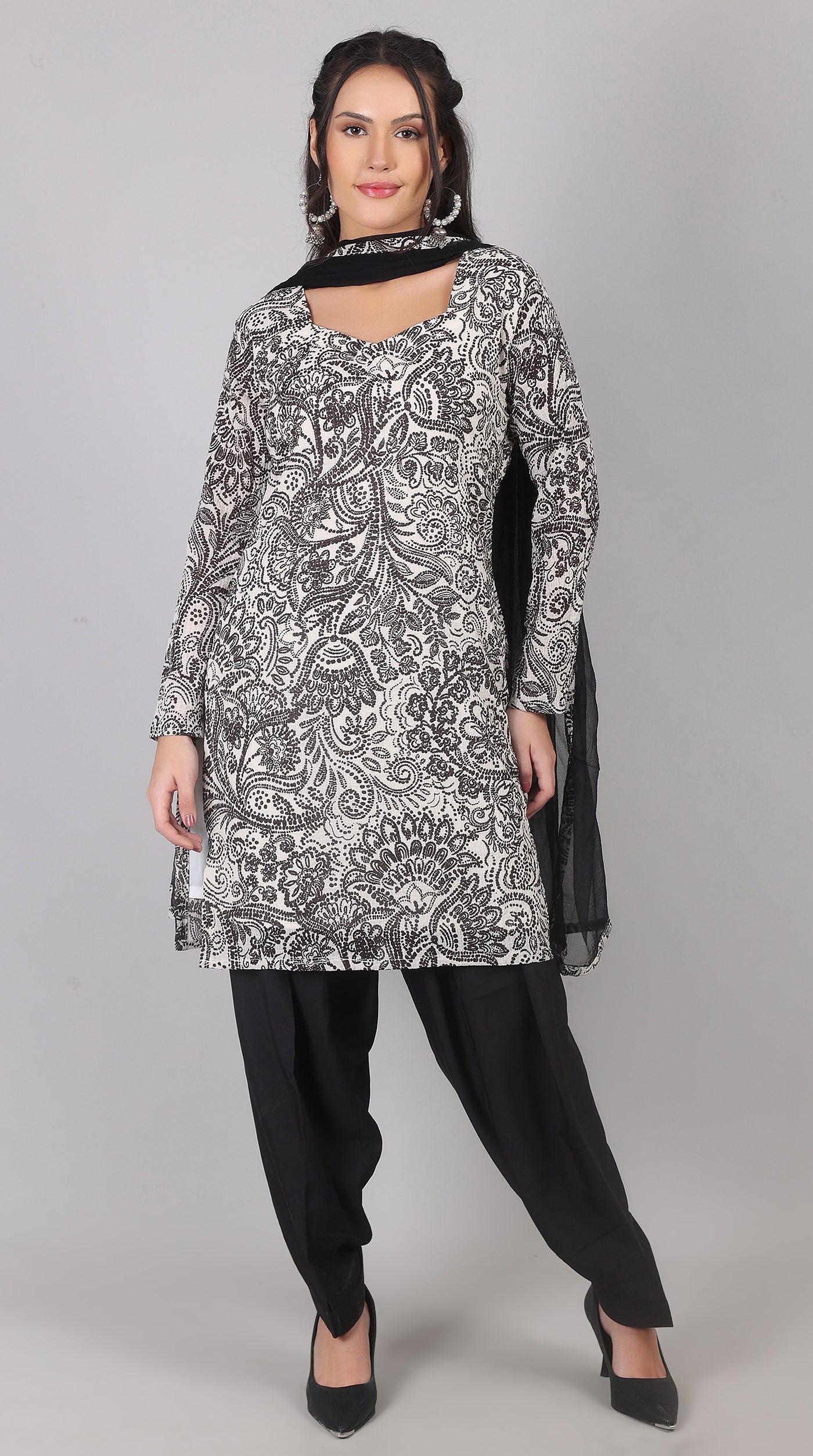 White Georgette Suit with Black Chiffon Dupatta