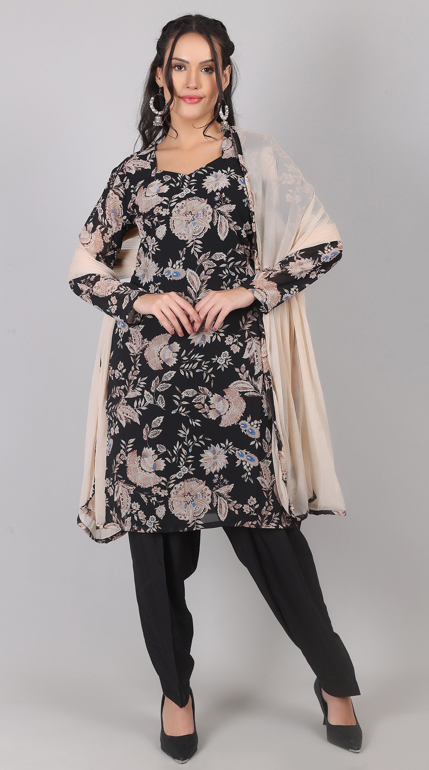 Black Georgette Salwar Suit with Beige Chiffon Dupatta