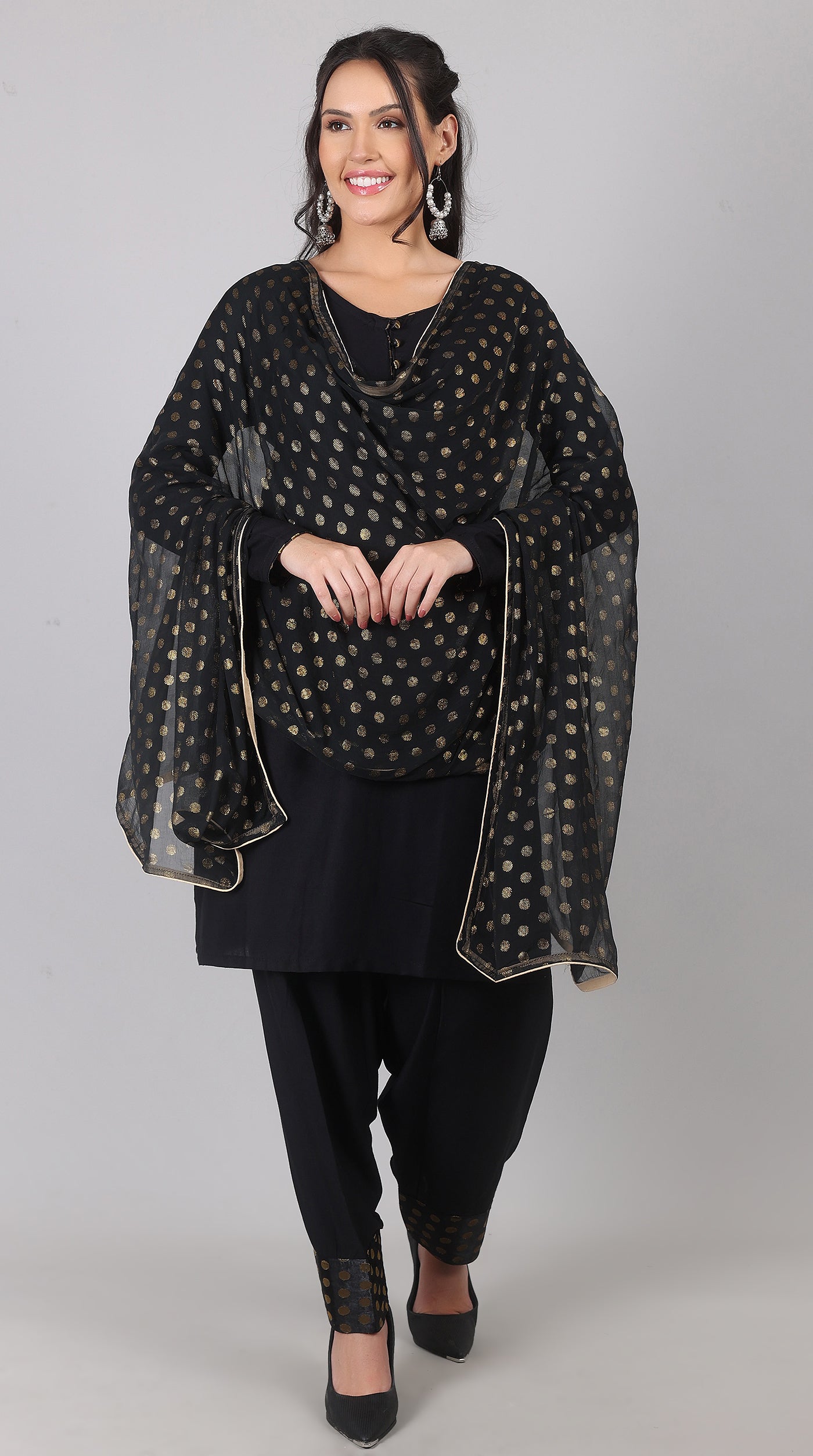 Black Rayon Suit Set With Foil Print Dupatta