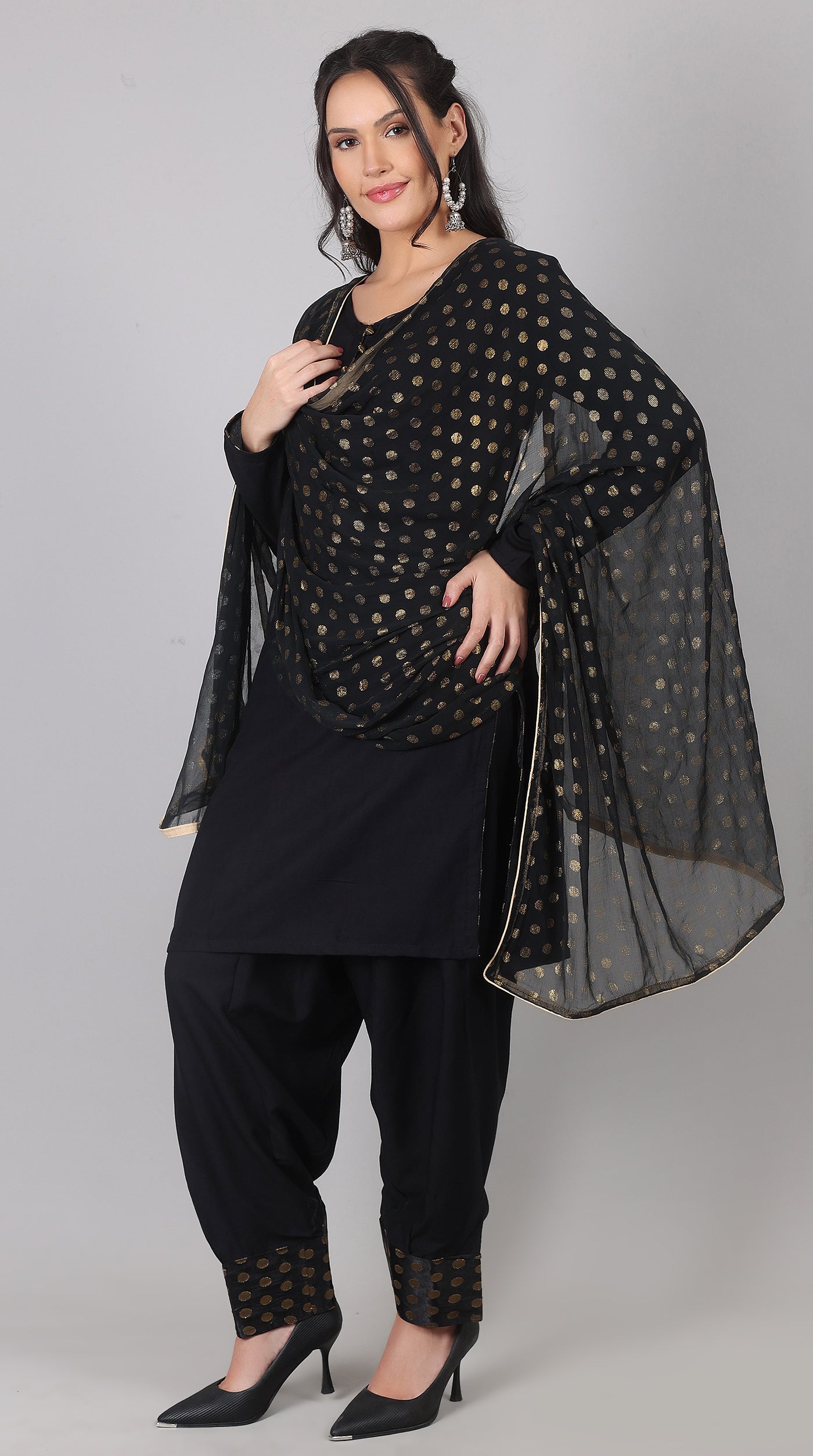 Black Rayon Suit Set With Foil Print Dupatta