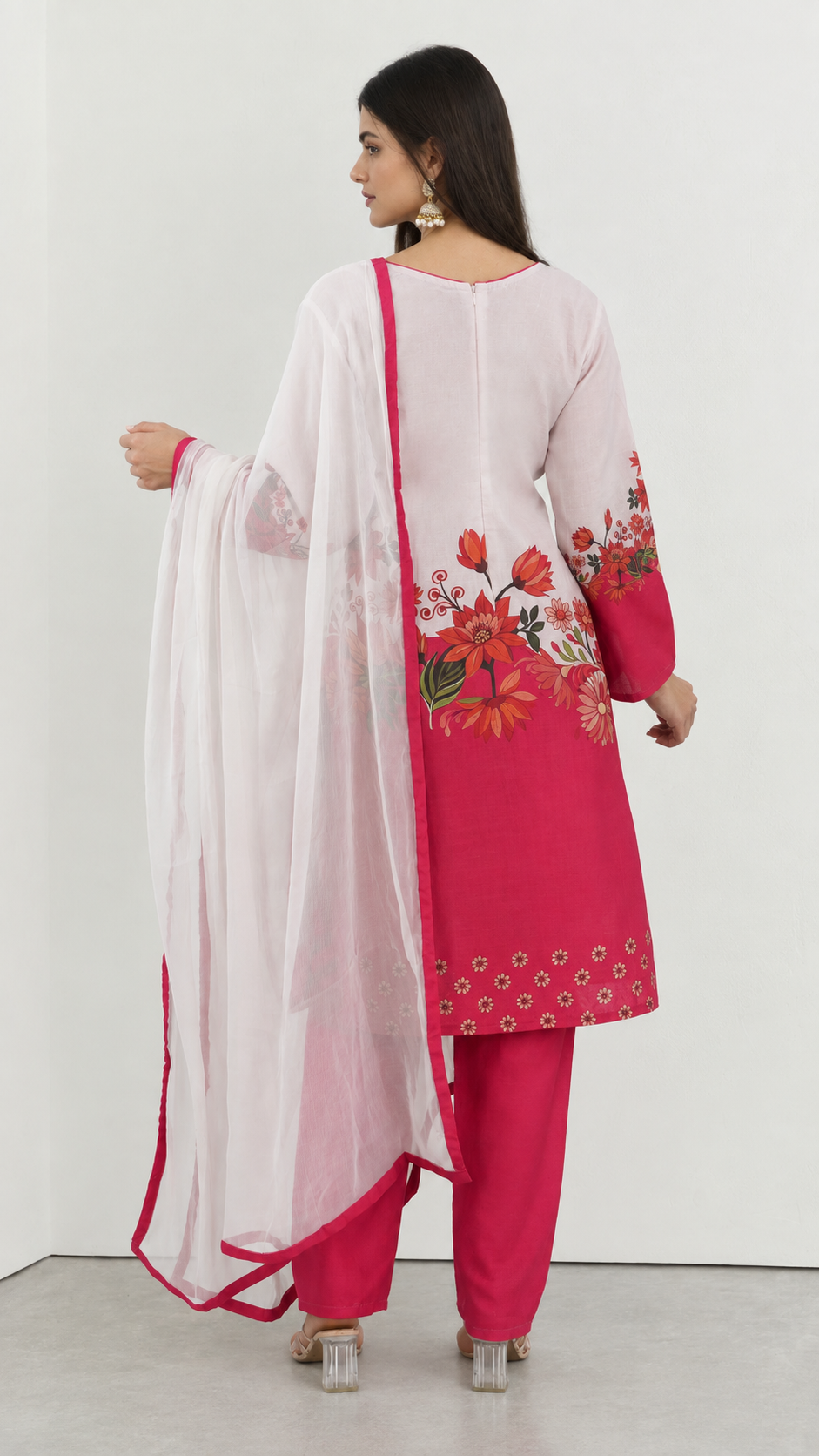 White and pink floral printed rayon suit set with chiffon dupatta