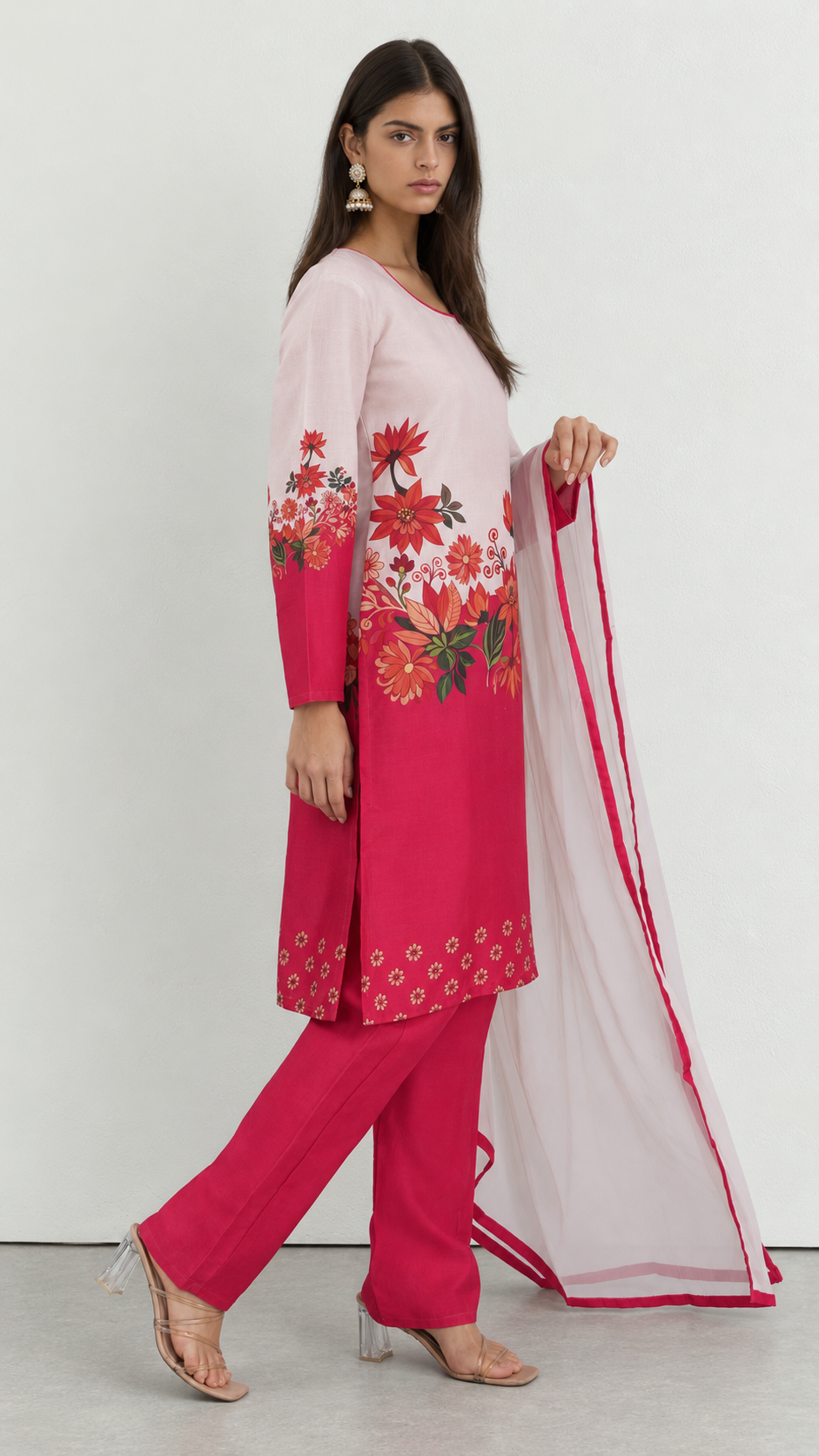 White and pink floral printed rayon suit set with chiffon dupatta
