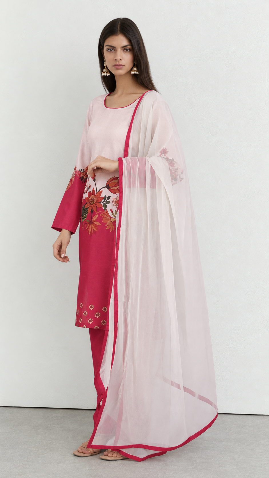 White and pink floral printed rayon suit set with chiffon dupatta