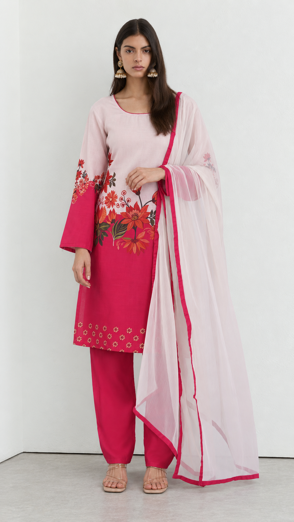 White and pink floral printed rayon suit set with chiffon dupatta