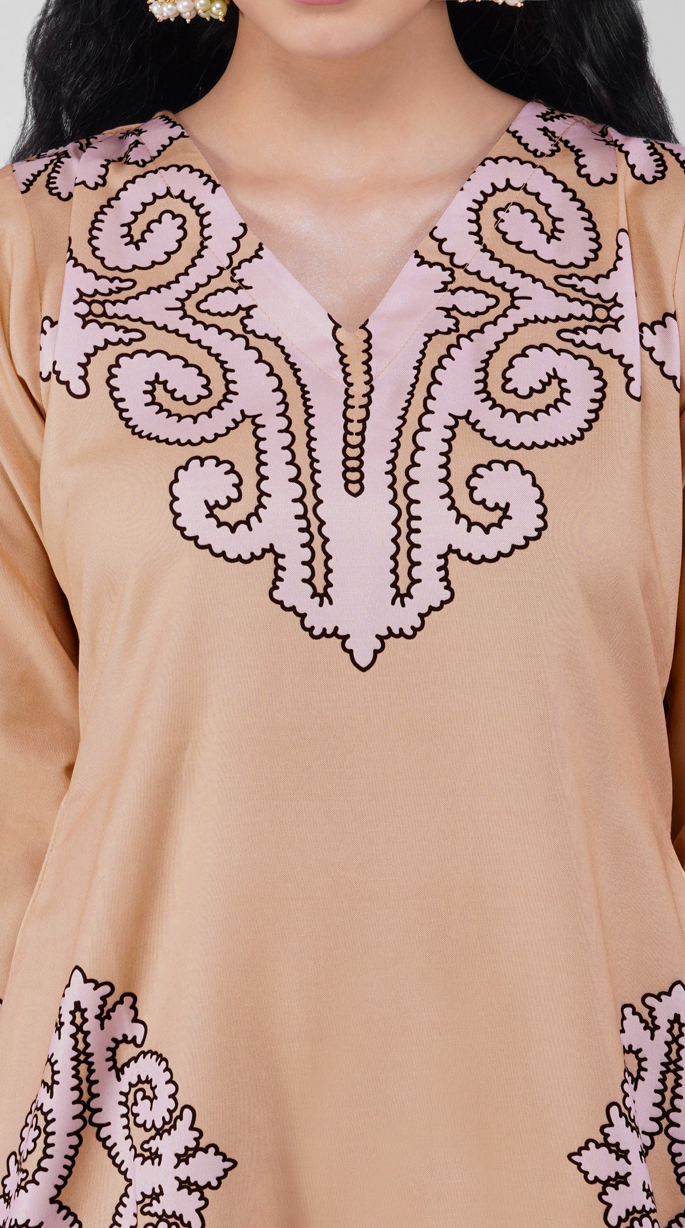 Side profile of beige rayon suit with chiffon dupatta