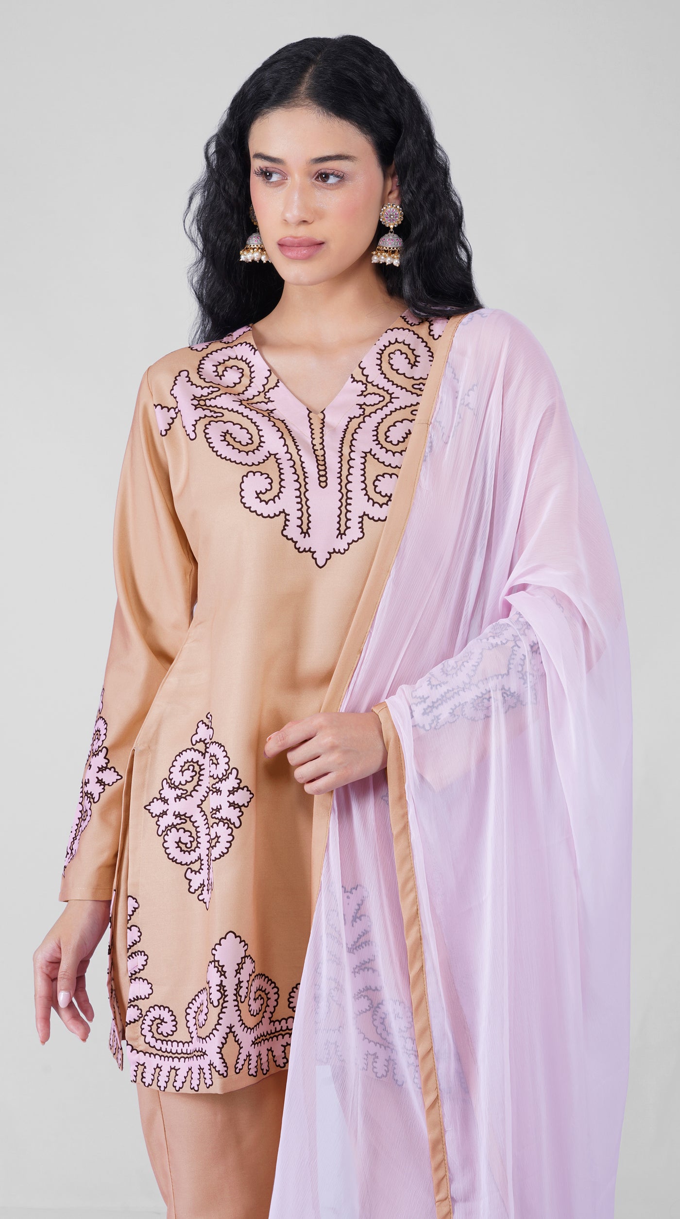 Close-up of placement print on beige rayon kurta