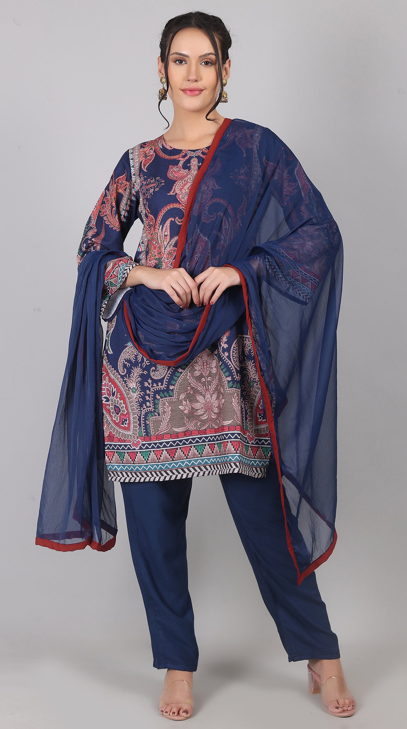 Navy Blue Rayon Printed Suit Set with Chiffon Dupatta