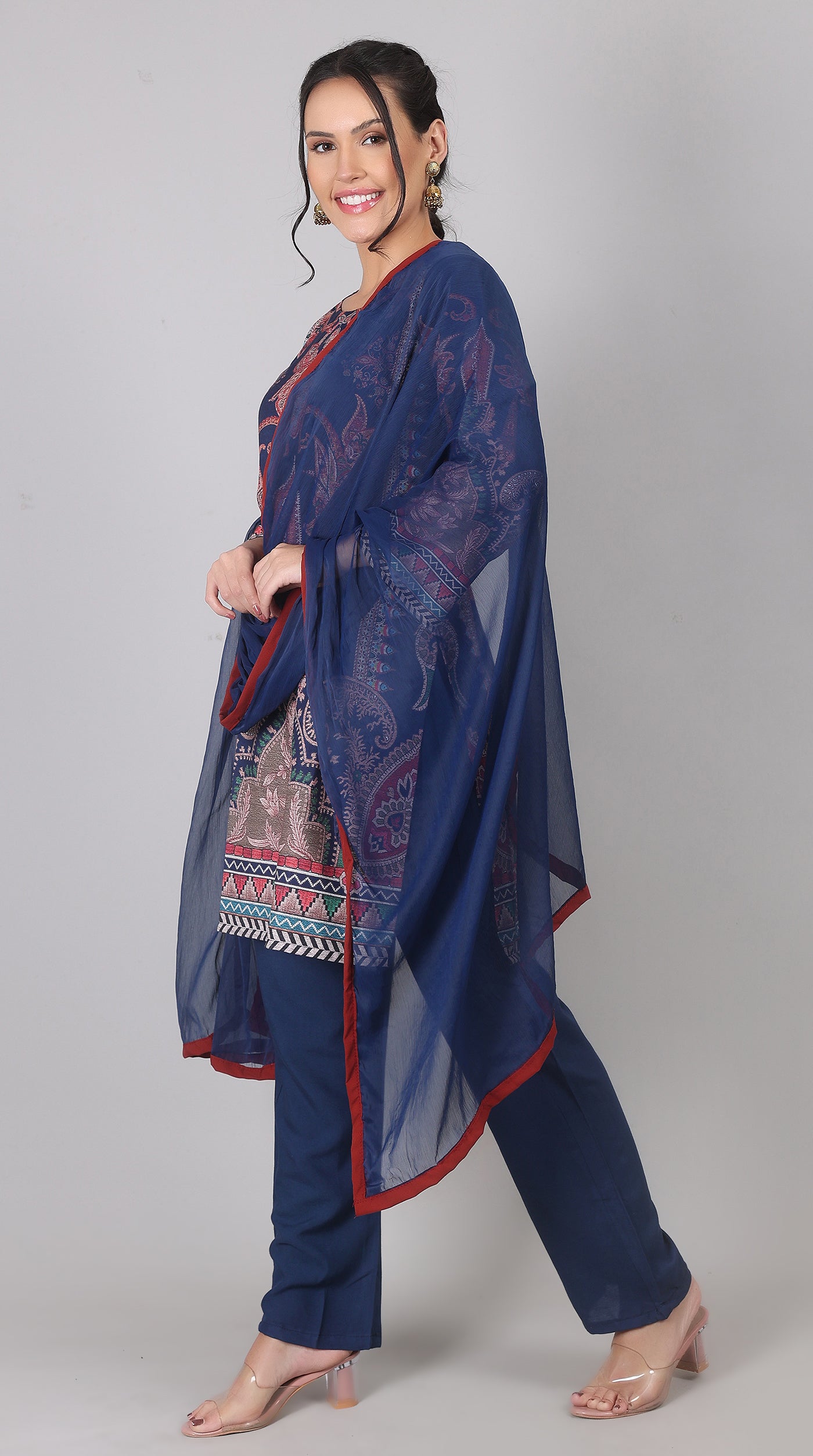 Navy Blue Rayon Printed Suit Set with Chiffon Dupatta