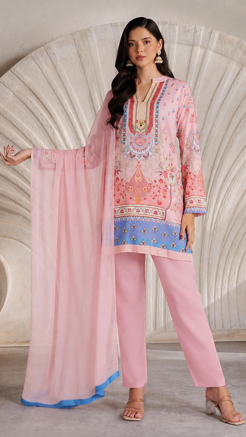 Pink printed salwar kameez suit with straight trousers and sheer matching dupatta with blue trim
