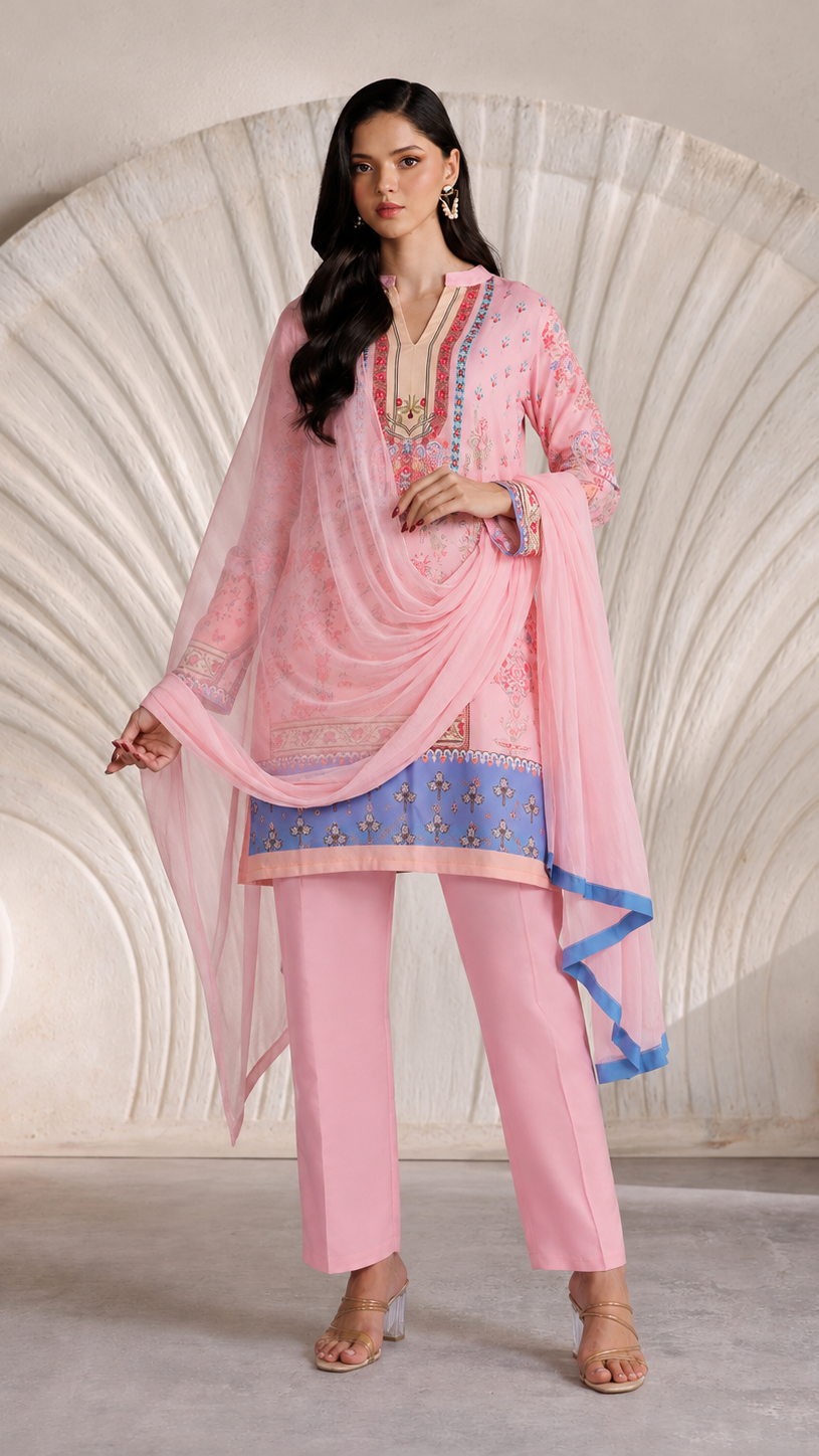 Pink printed salwar kameez suit with straight trousers and sheer matching dupatta with blue trim
