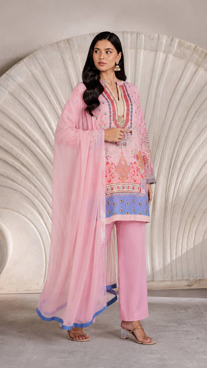 Pink printed salwar kameez suit with straight trousers and sheer matching dupatta with blue trim

