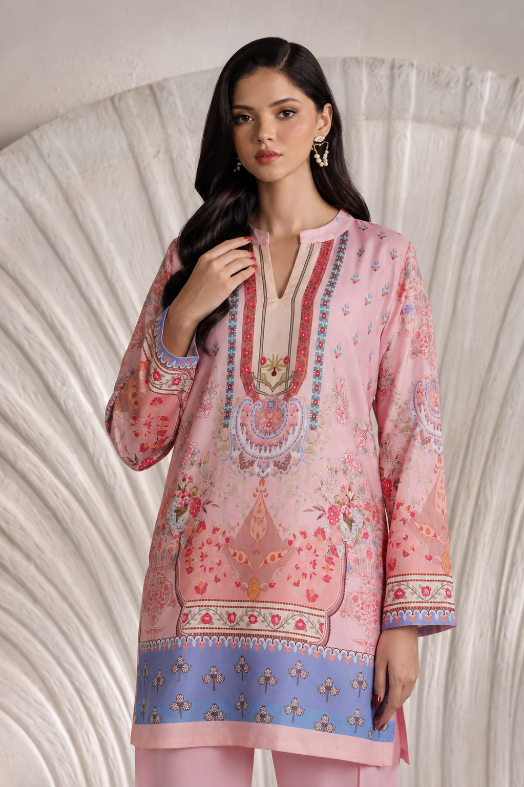 Blush Pink Printed Rayon Shift Suit Set with Chiffon Dupatta