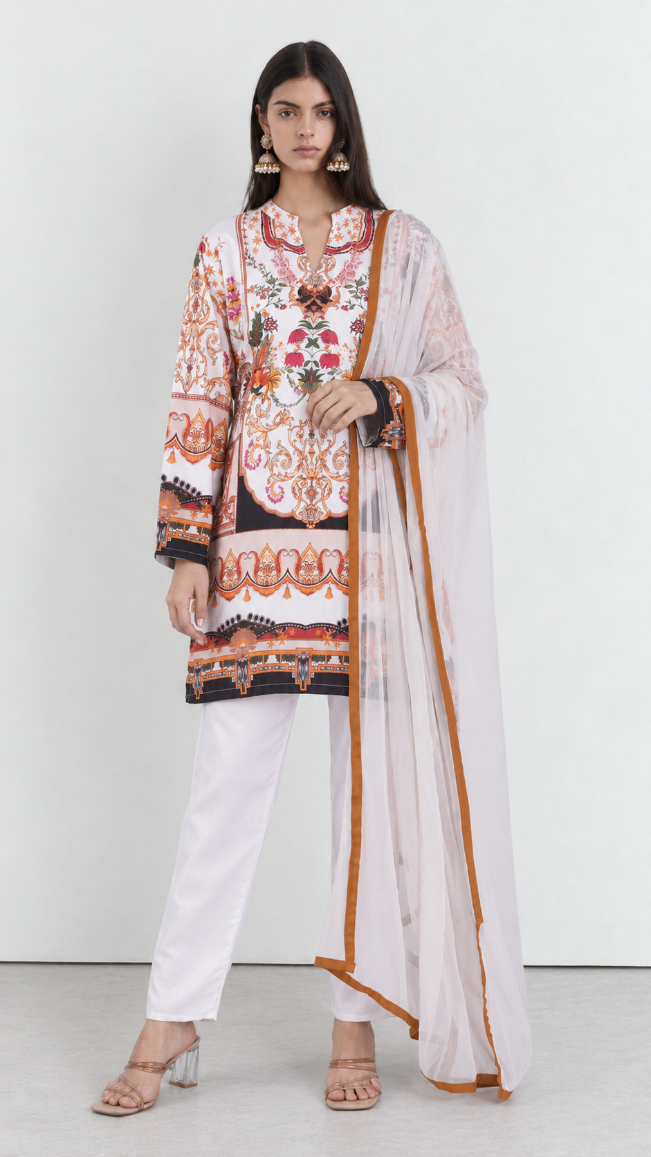 Ivory floral rayon ethnic suit set with matching dupatta