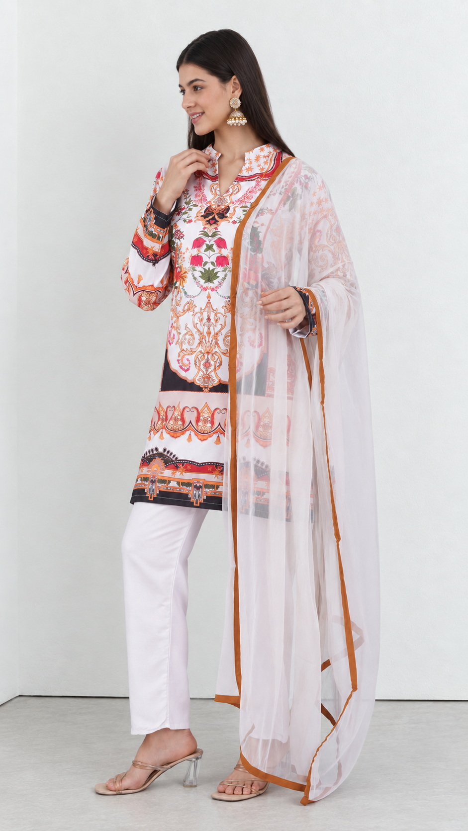 Ivory floral rayon ethnic suit set with matching dupatta