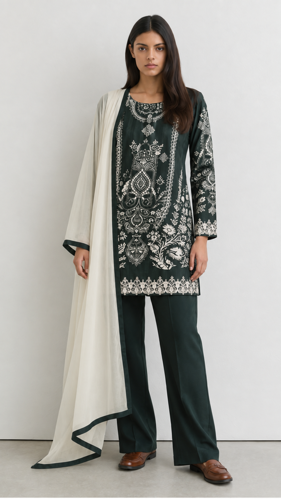 Dark Green Outfit with cream dupatta. 