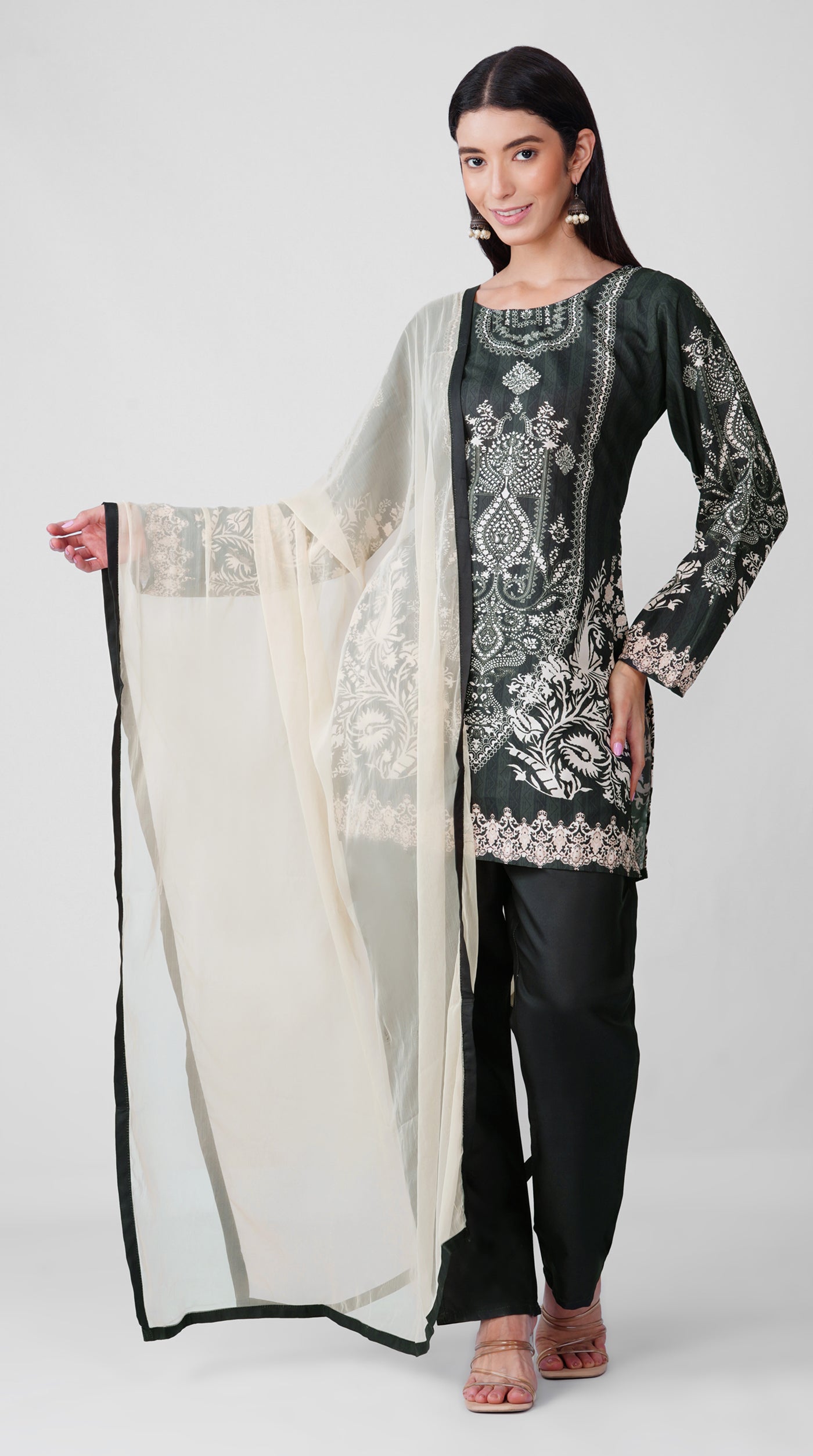 Noir black Printed Rayon Suit Set with Contrast Chiffon Dupatta