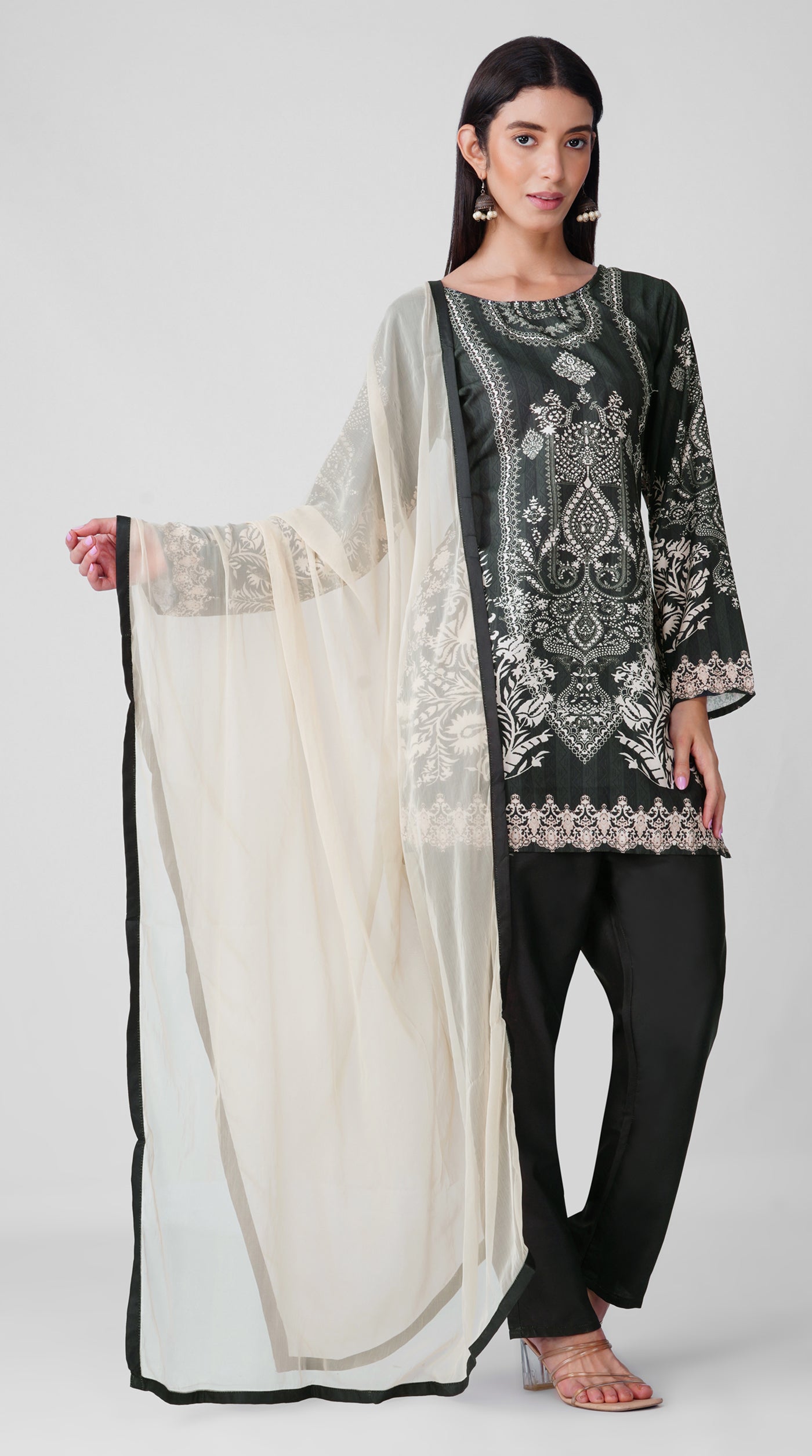 Noir black Printed Rayon Suit Set with Contrast Chiffon Dupatta