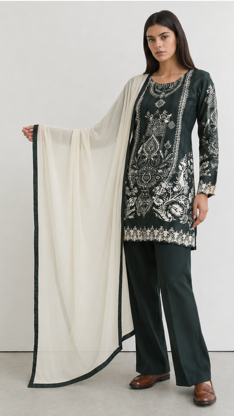 Smart dark green outfit with cream dupatta. 