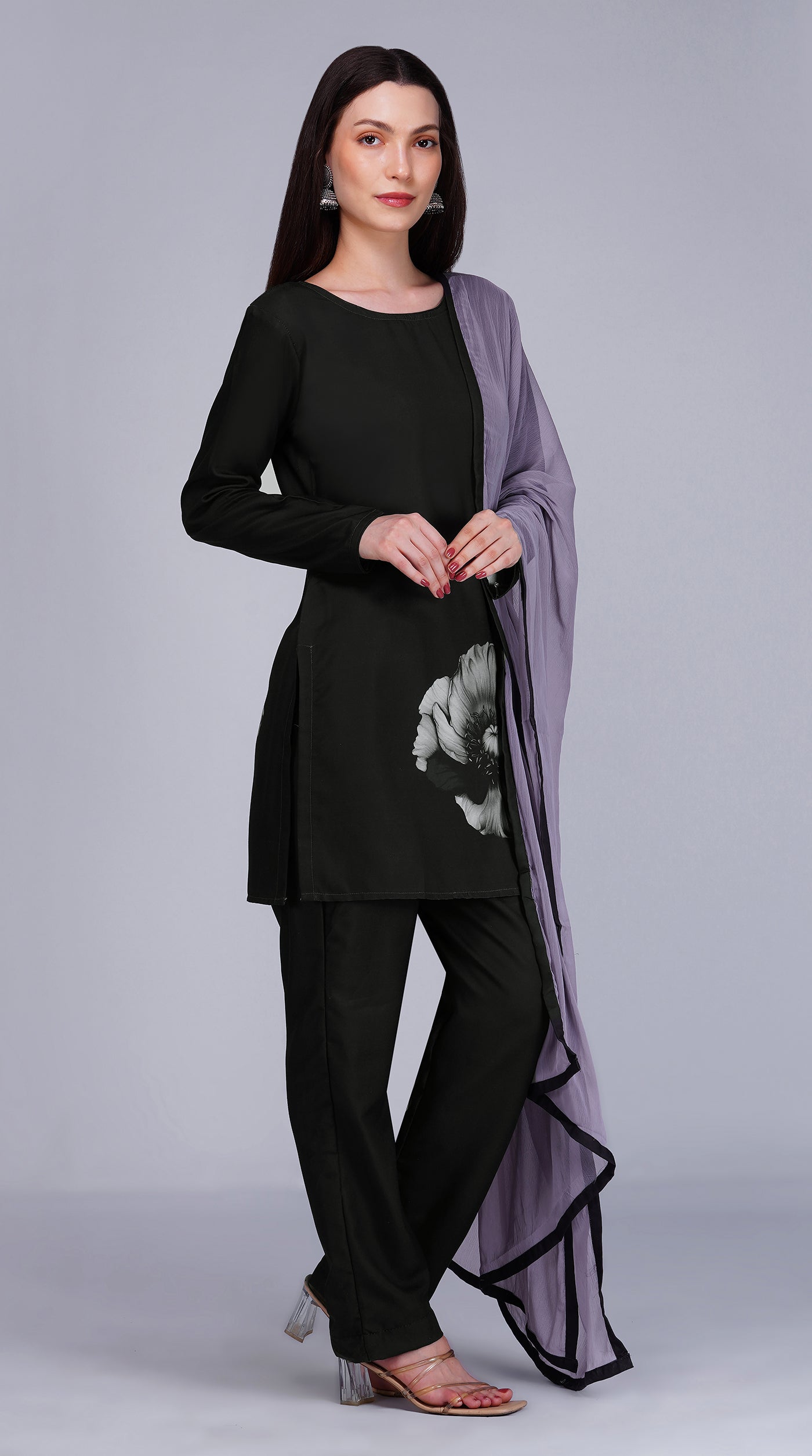 Black Rayon Printed Suit Set with Grey Chiffon Dupatta