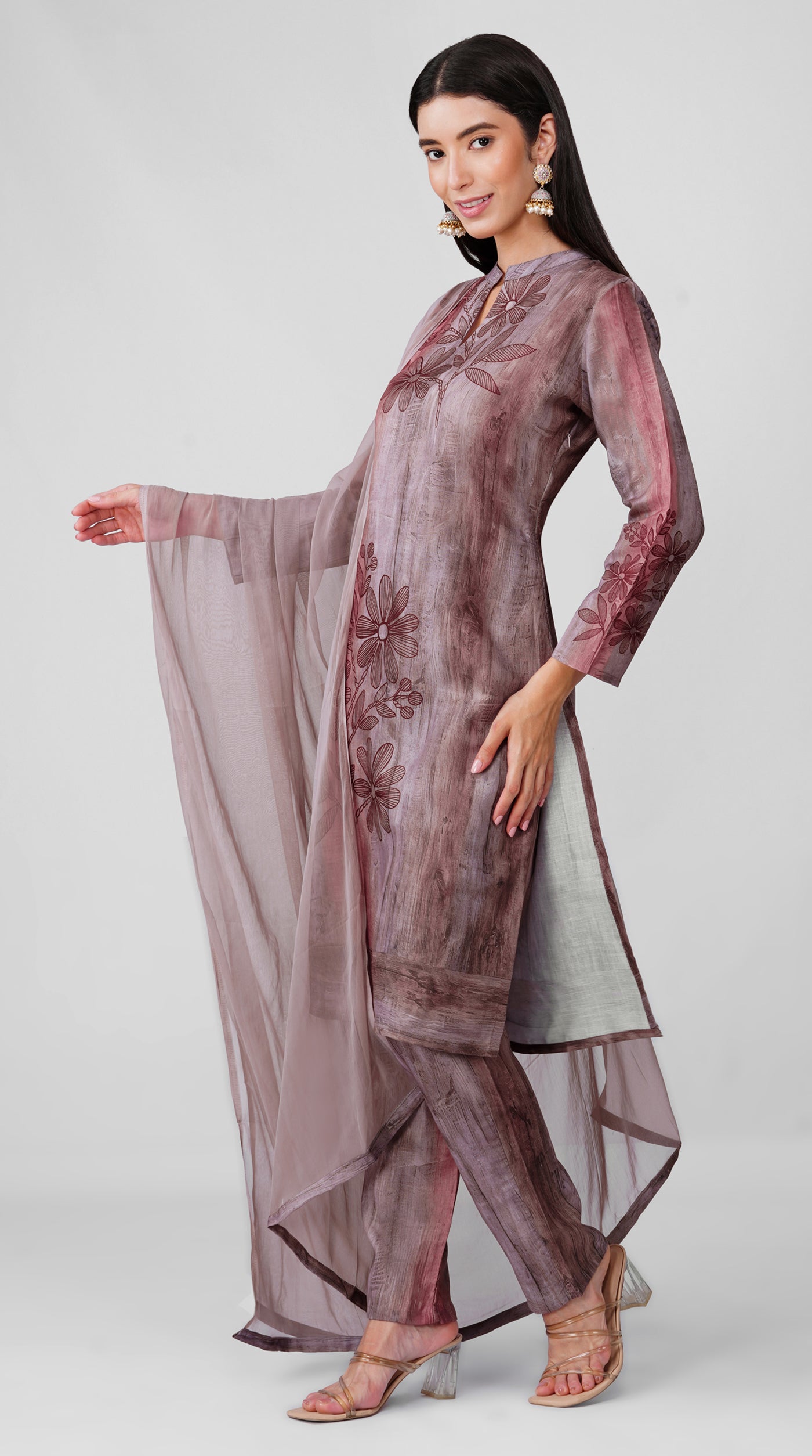 Grey-Rust Printed Rayon Suit Set with Chiffon Dupatta