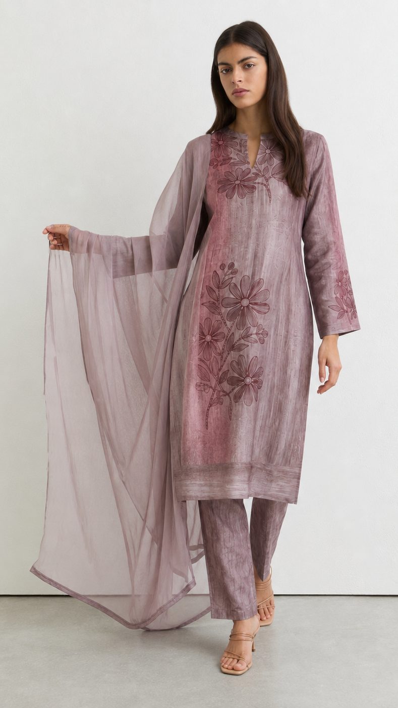 Grey-Rust Printed Rayon Suit Set with Chiffon Dupatta