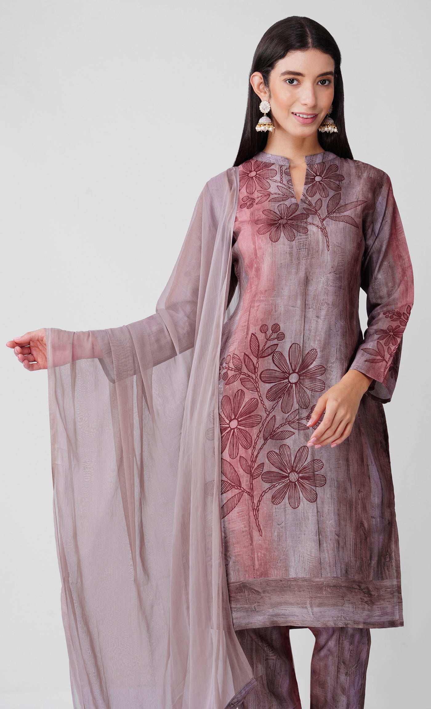 Grey-Rust Printed Rayon Suit Set with Chiffon Dupatta