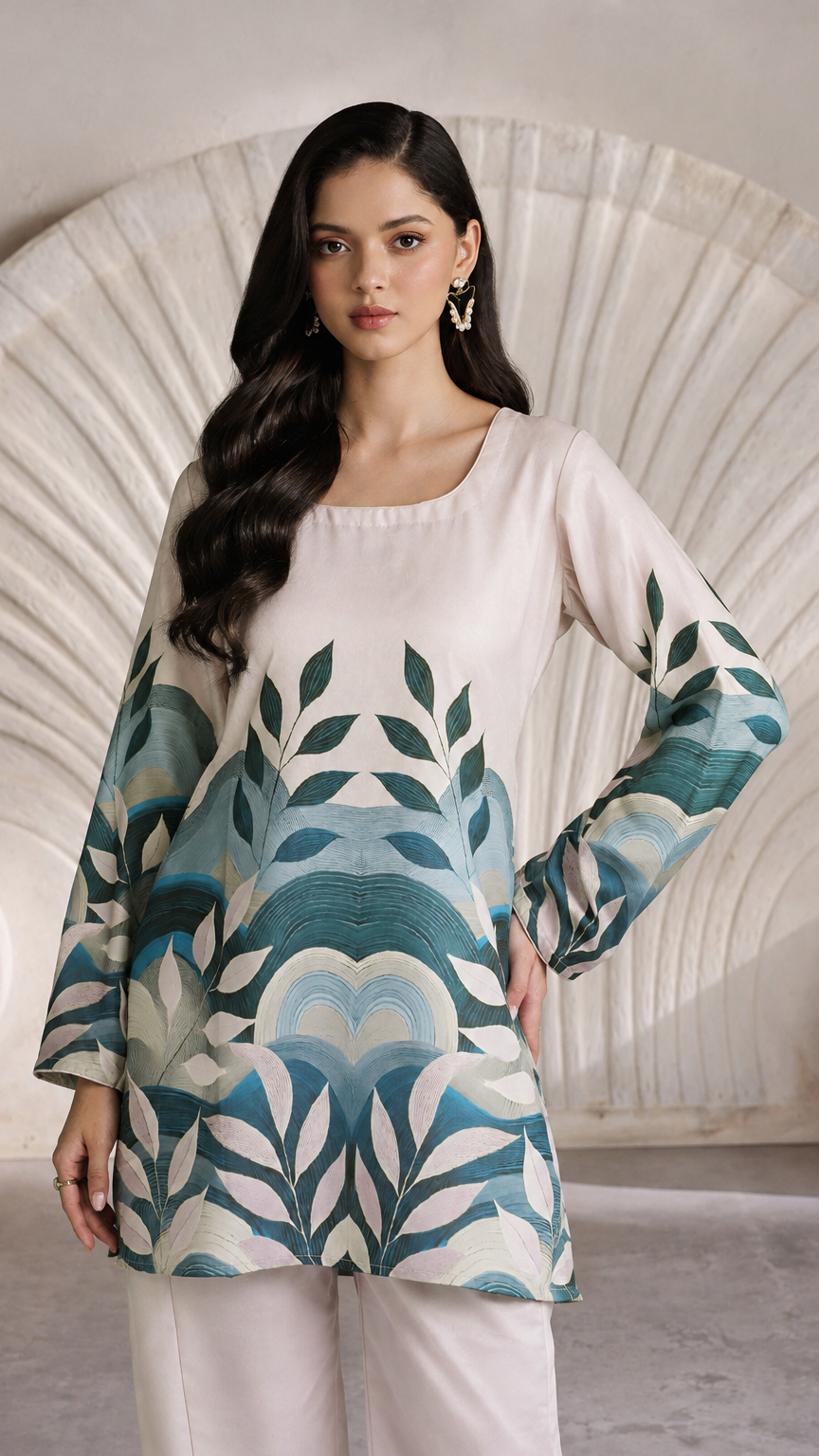 Buy cream Pakistani salwar kameez with teal botanical print, straight trousers and matching sheer teal dupatta for women online at Diya Online
