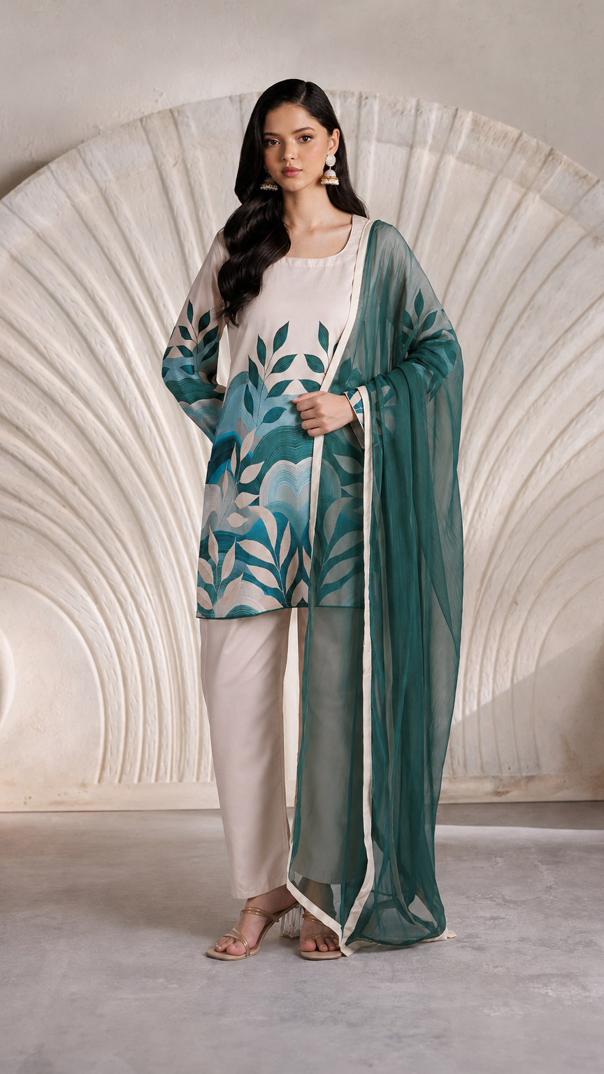 Buy cream Pakistani salwar kameez with teal botanical print, straight trousers and matching sheer teal dupatta for women online at Diya Online