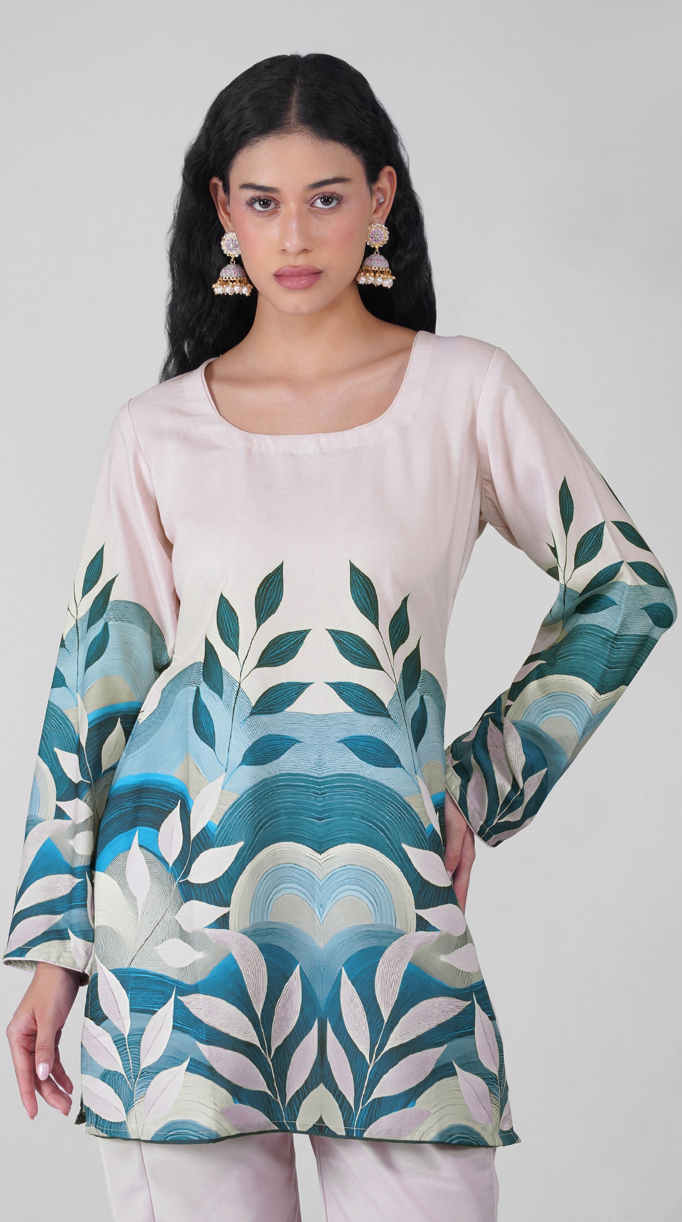 Close-up of blue placement print on off white rayon kurta