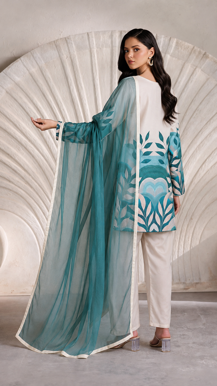 Buy cream Pakistani salwar kameez with teal botanical print, straight trousers and matching sheer teal dupatta for women online at Diya Online