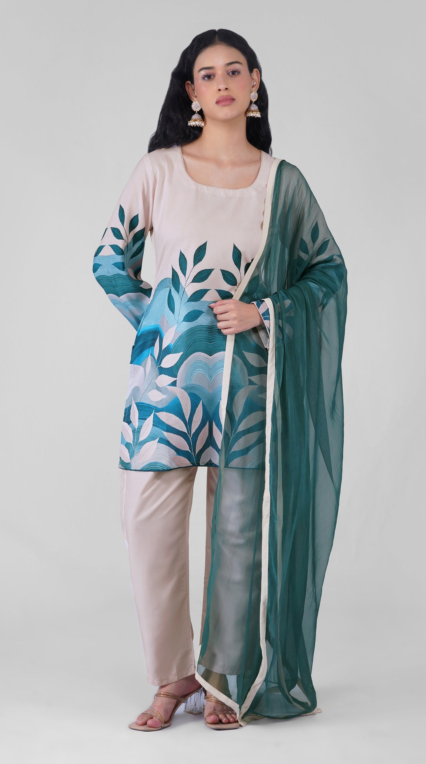 Front view of off white placement print rayon suit set