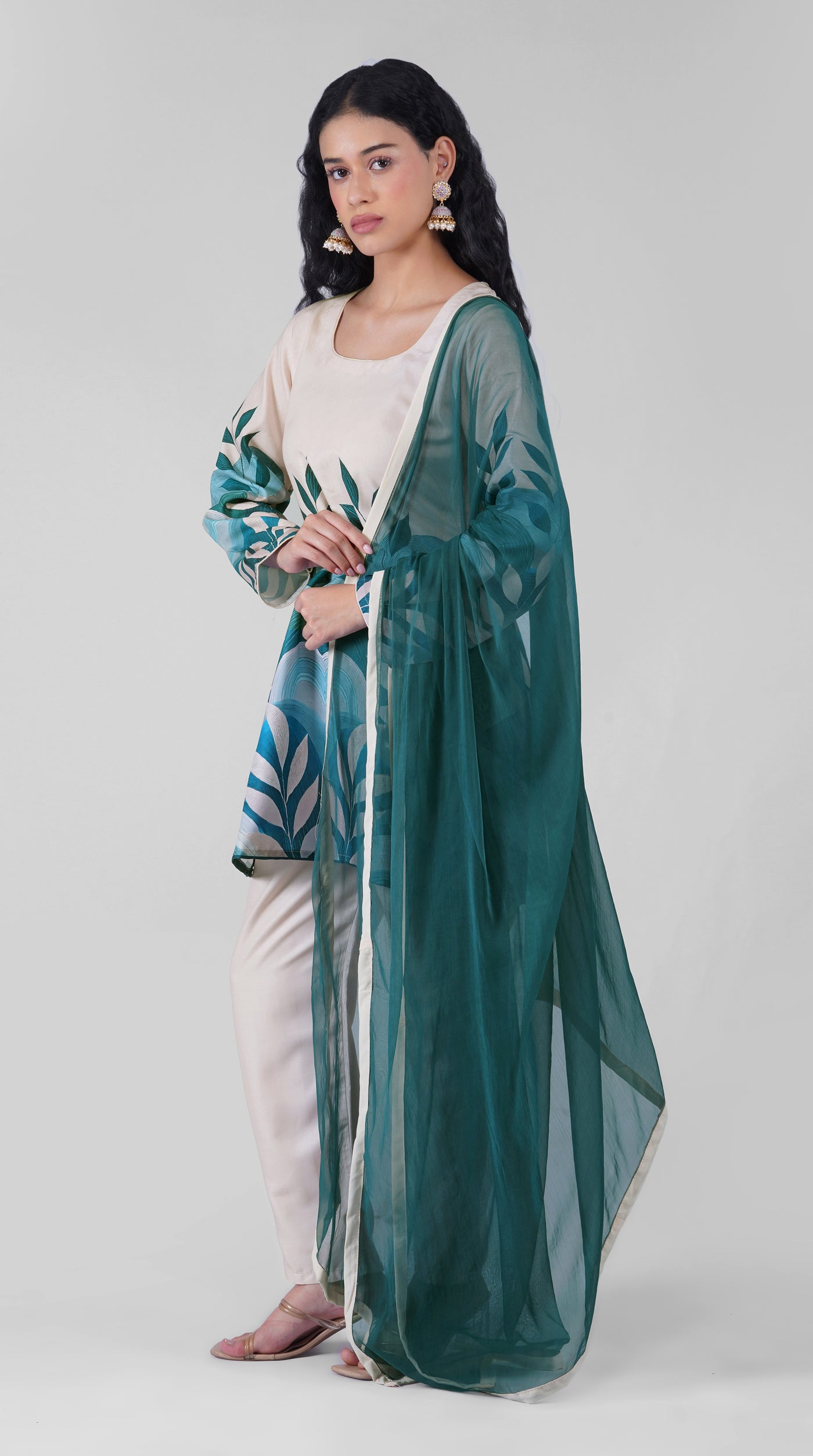 Off white placement print rayon suit set with teal chiffon dupatta