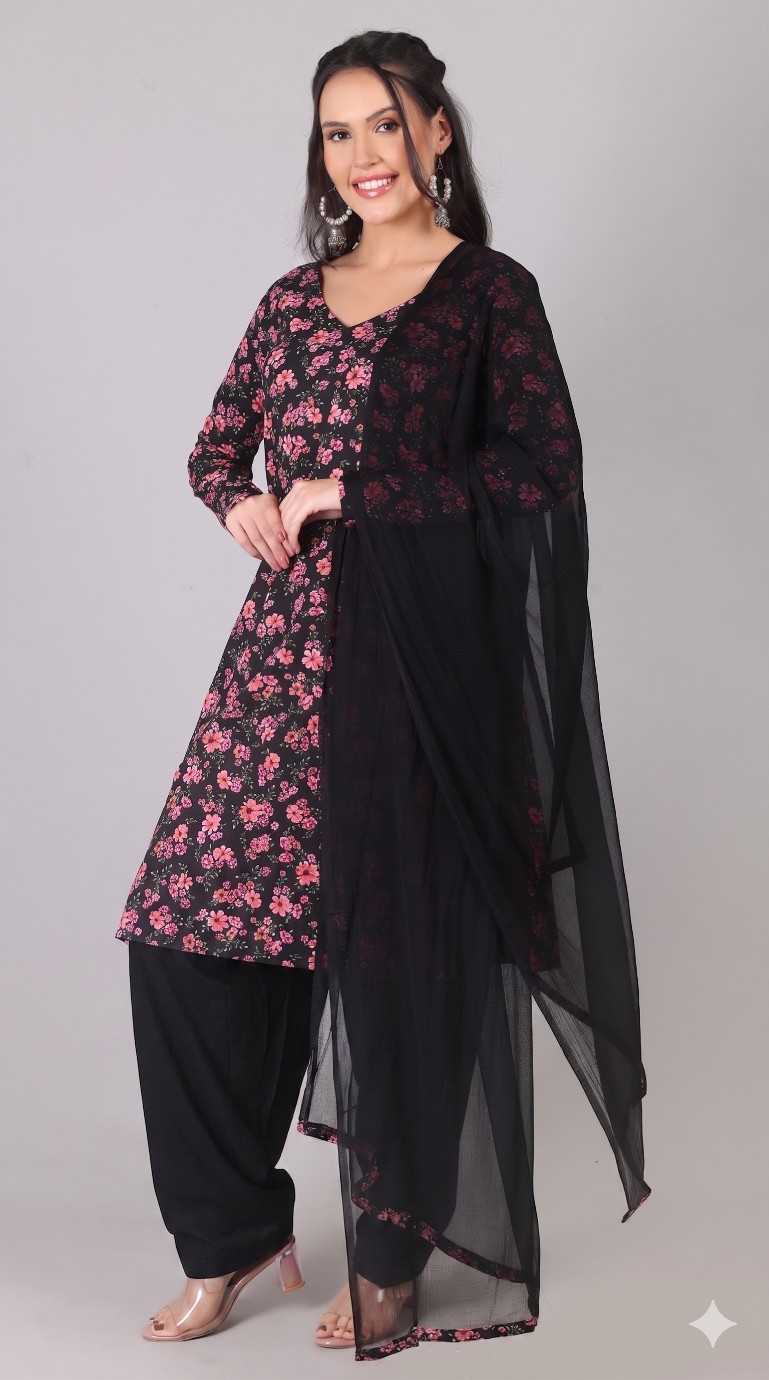 Black Rayon Straight Cut Kurta Salwar Set with Chiffon Dupatta