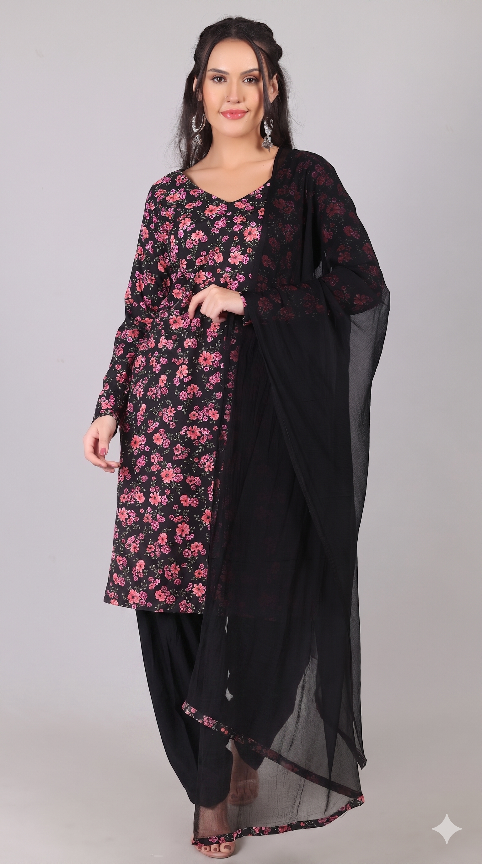 Black Rayon Straight Cut Kurta Salwar Set with Chiffon Dupatta