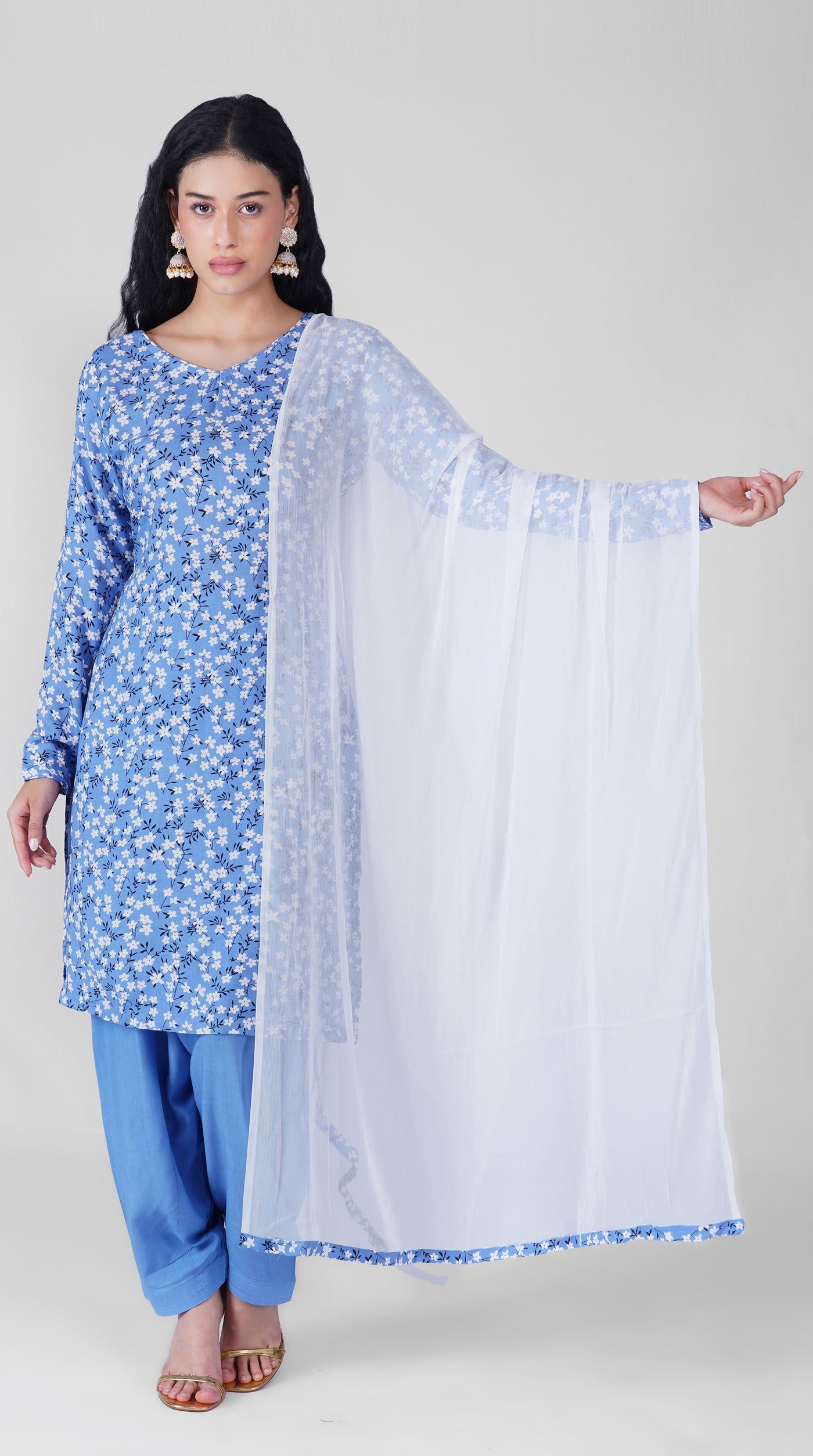 Blue floral print straight rayon suit set with white chiffon dupatta
