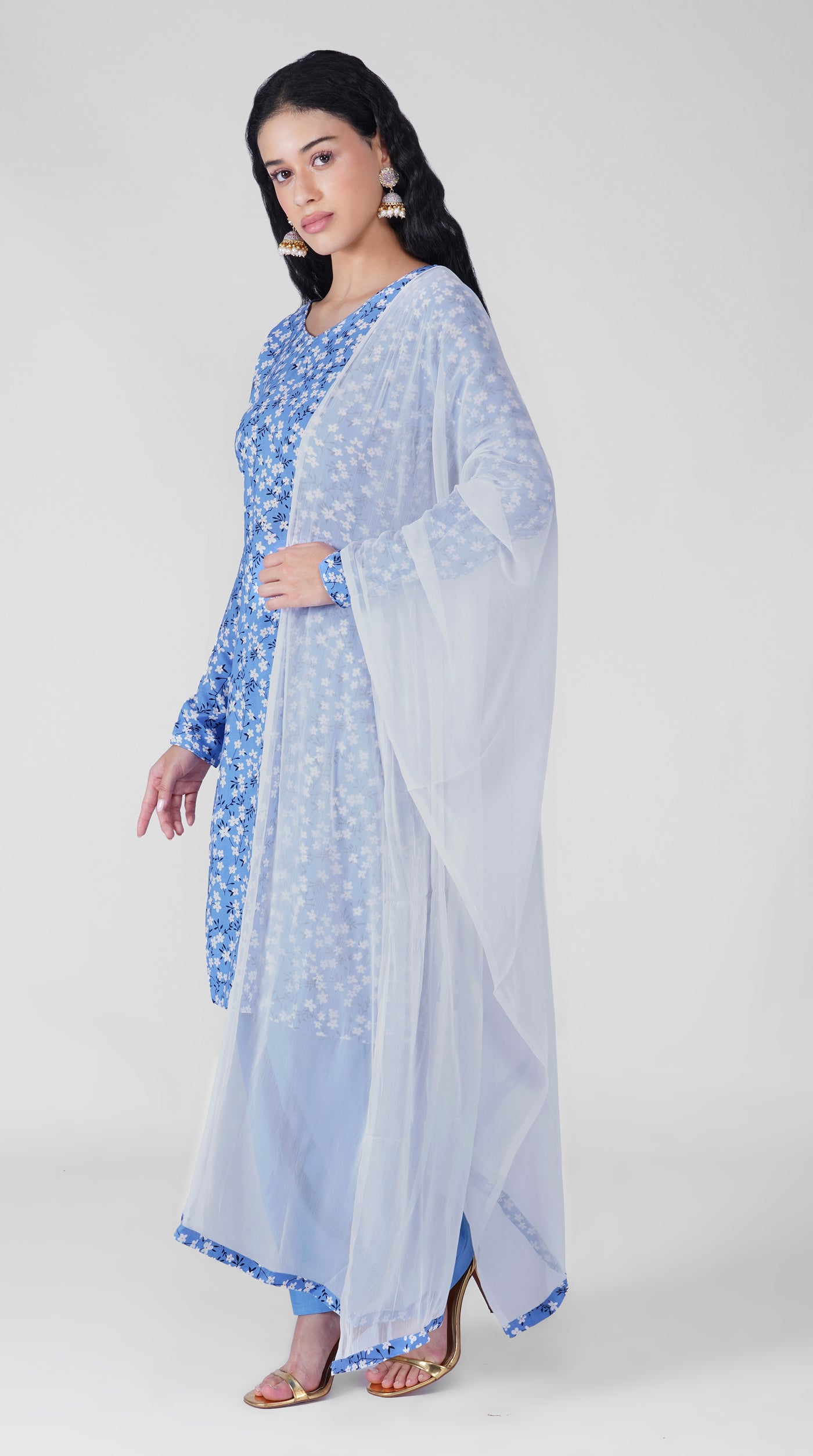 Front view of blue floral print straight suit set