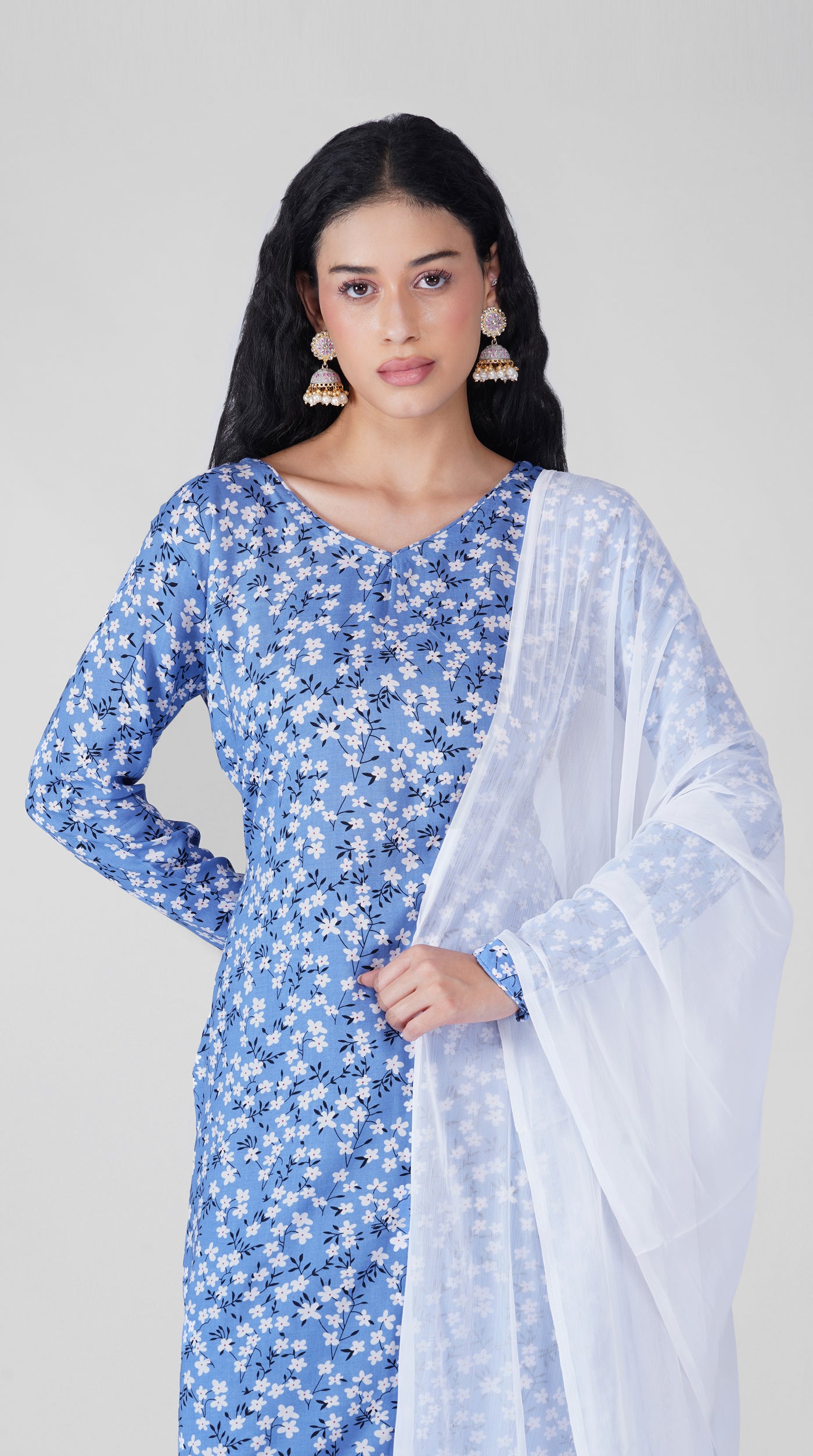 Close-up of floral print on blue rayon kurta