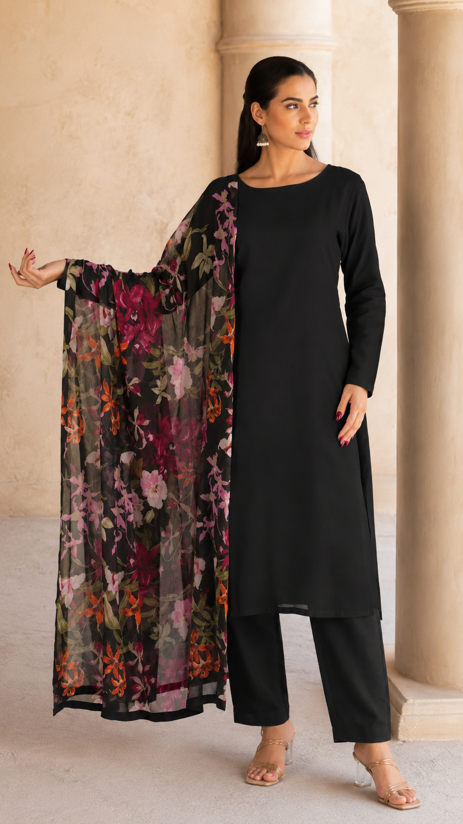 Black salwar kameez suit with matching trousers and sheer multicolour floral printed dupatta

