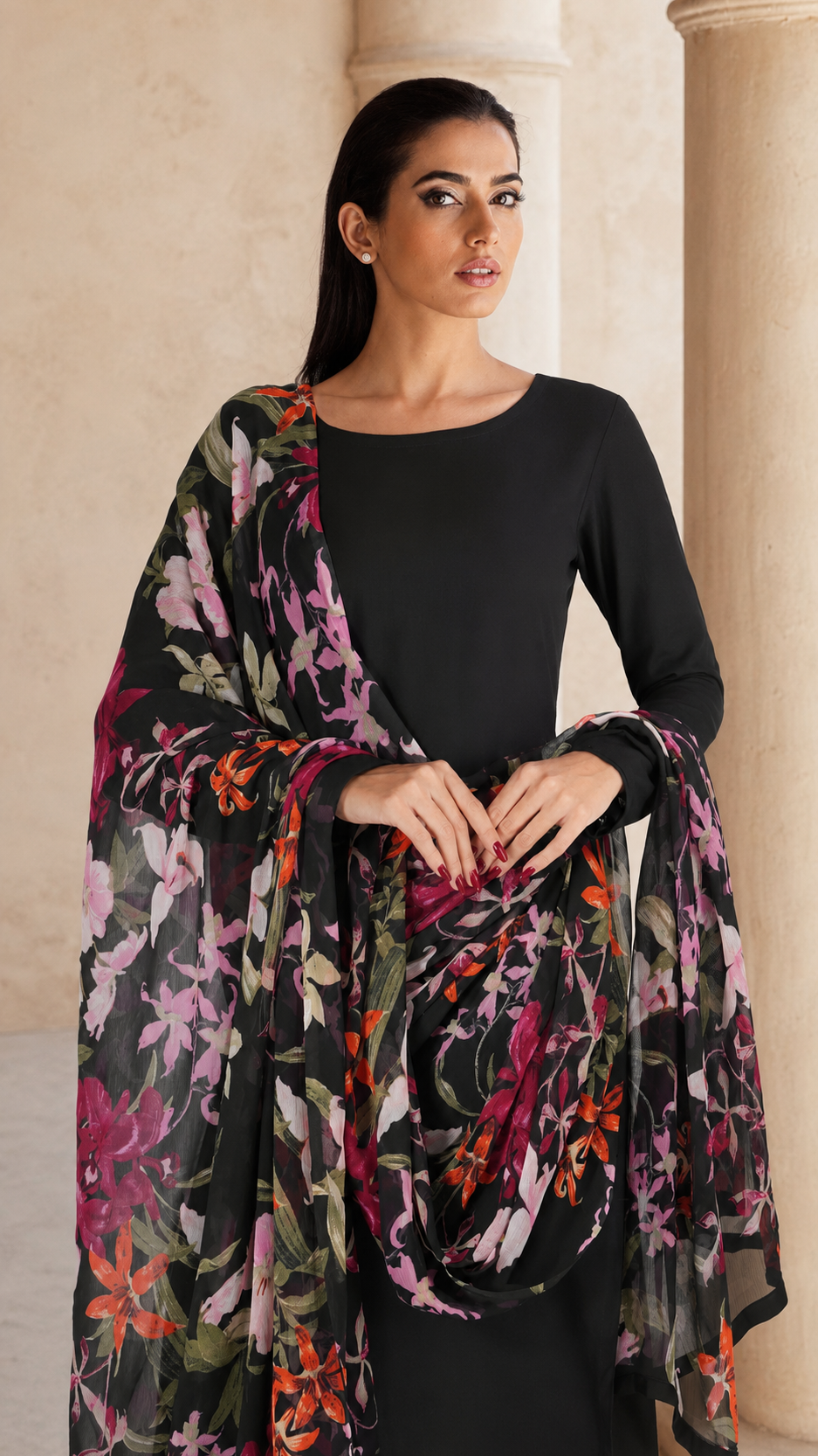 Black salwar kameez suit with matching trousers and sheer multicolour floral printed dupatta
