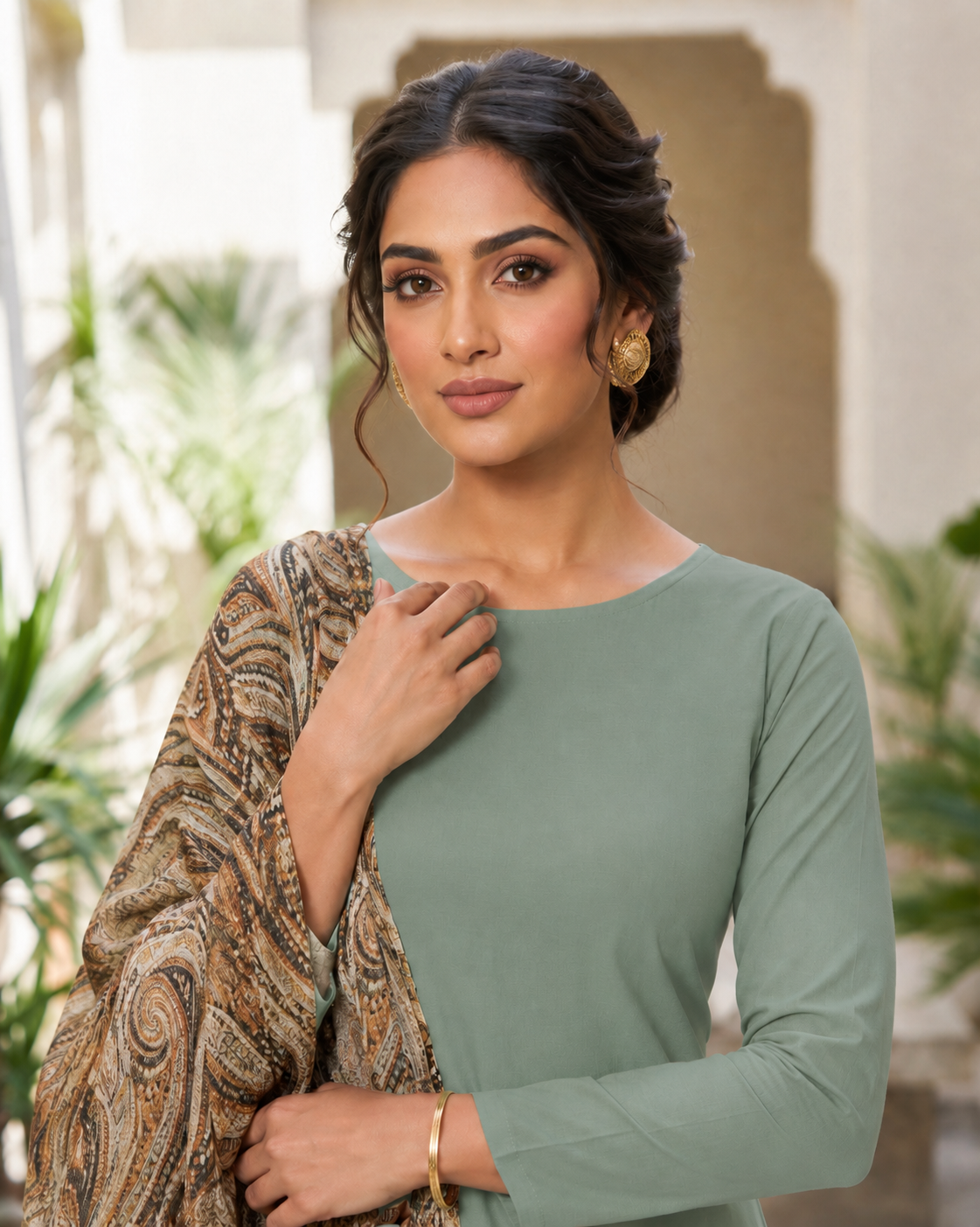 Smart Sage Green Rayon Suit with Printed Lurex Dupatta 