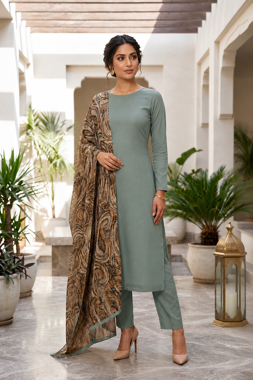 Smart Sage Green Rayon Suit with Printed Lurex Dupatta 